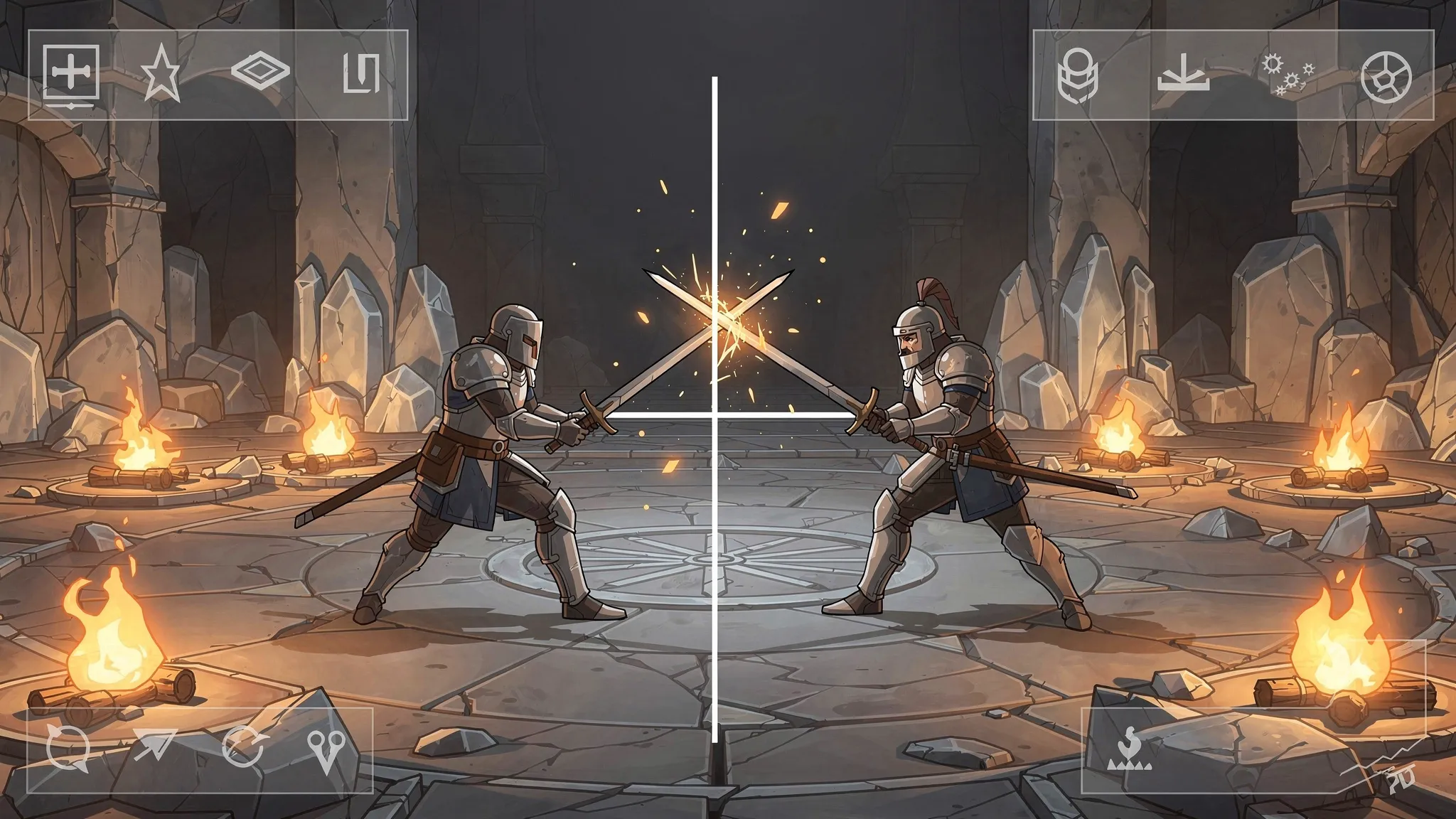 Duel PVP en arène sur un serveur FR, avec feu bas, épées raccourcies et particules épurées visibles, HUD clair et crosshair minimaliste, ambiance compétitive 1.8.9