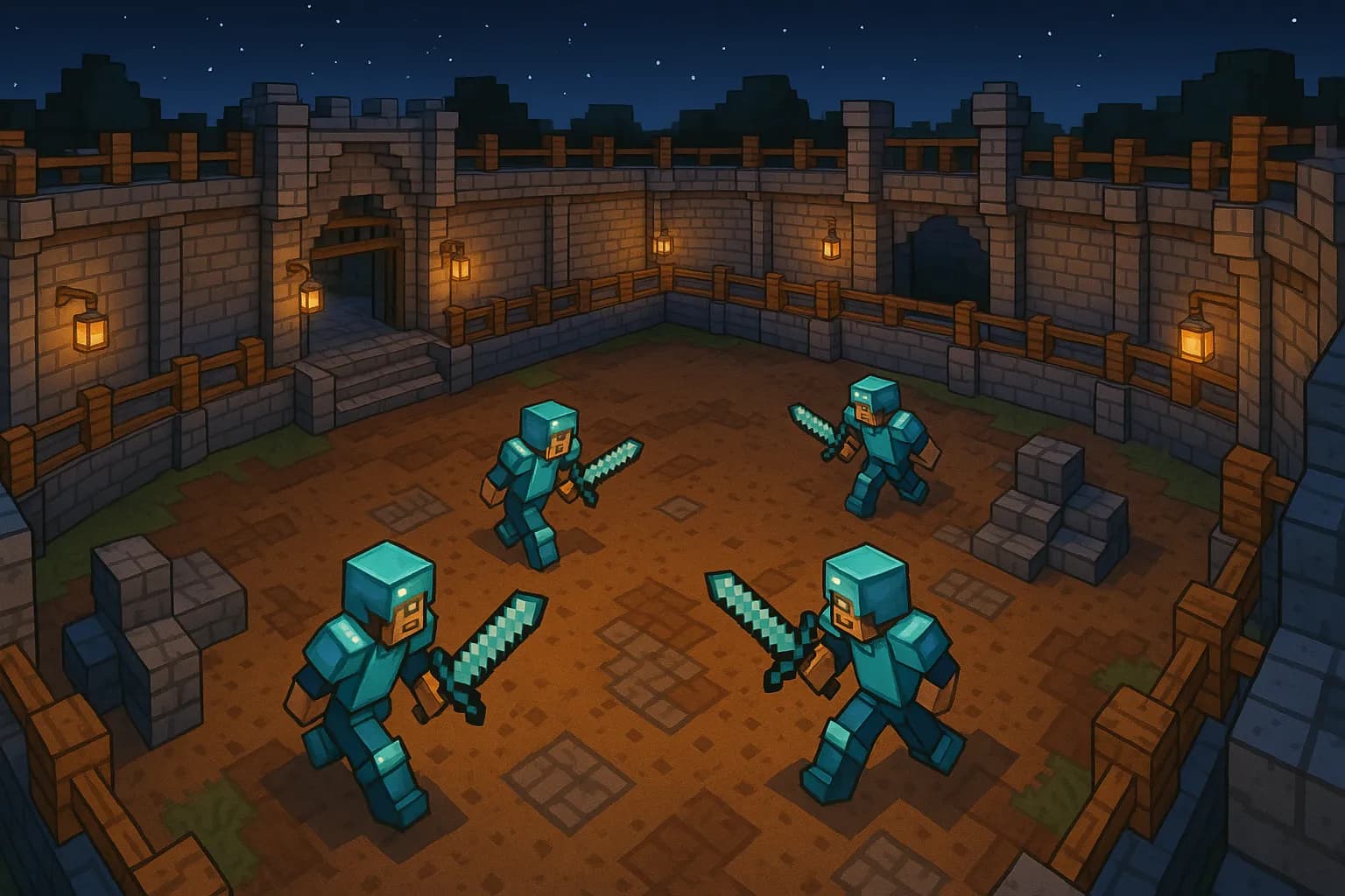 Vue aérienne d’une arène médiévale sur un serveur Minecraft PVP, éclairée par des lanternes, avec des joueurs en armure diamants qui s’affrontent sous un ciel étoilé.