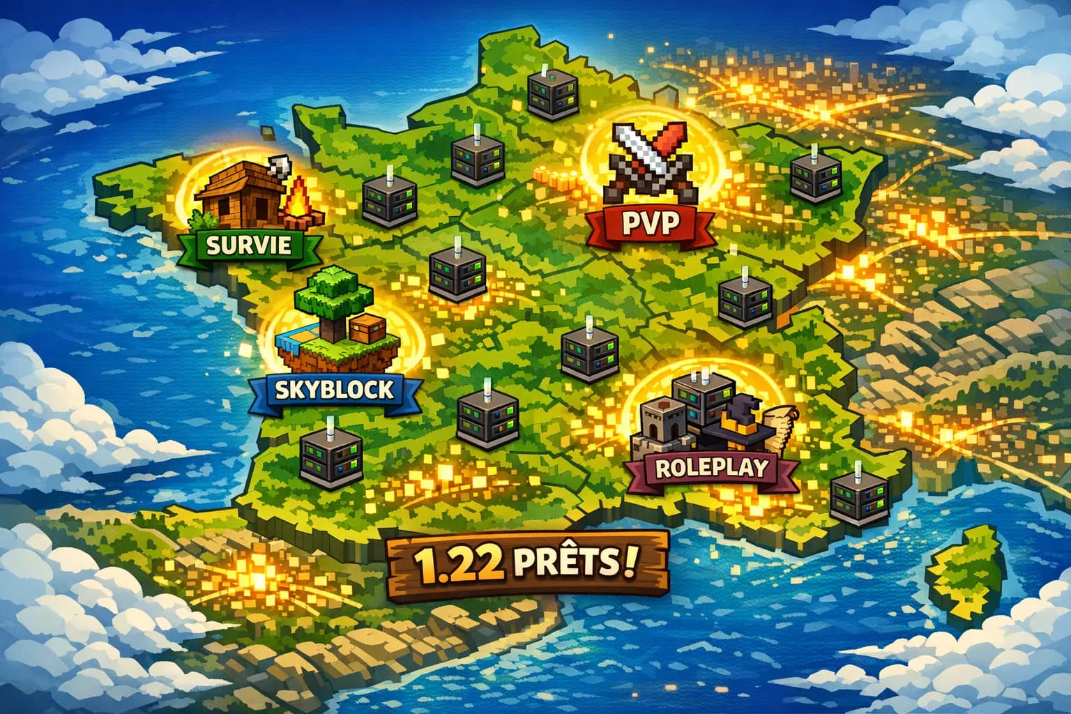Carte stylisée de la France parsemée de nœuds de serveurs Minecraft, icônes Survie, Skyblock, PvP et Roleplay indiquant la diversité des communautés francophones prêtes pour 1.22, avec un halo lumineux sur les grandes zones urbaines pour symboliser l...