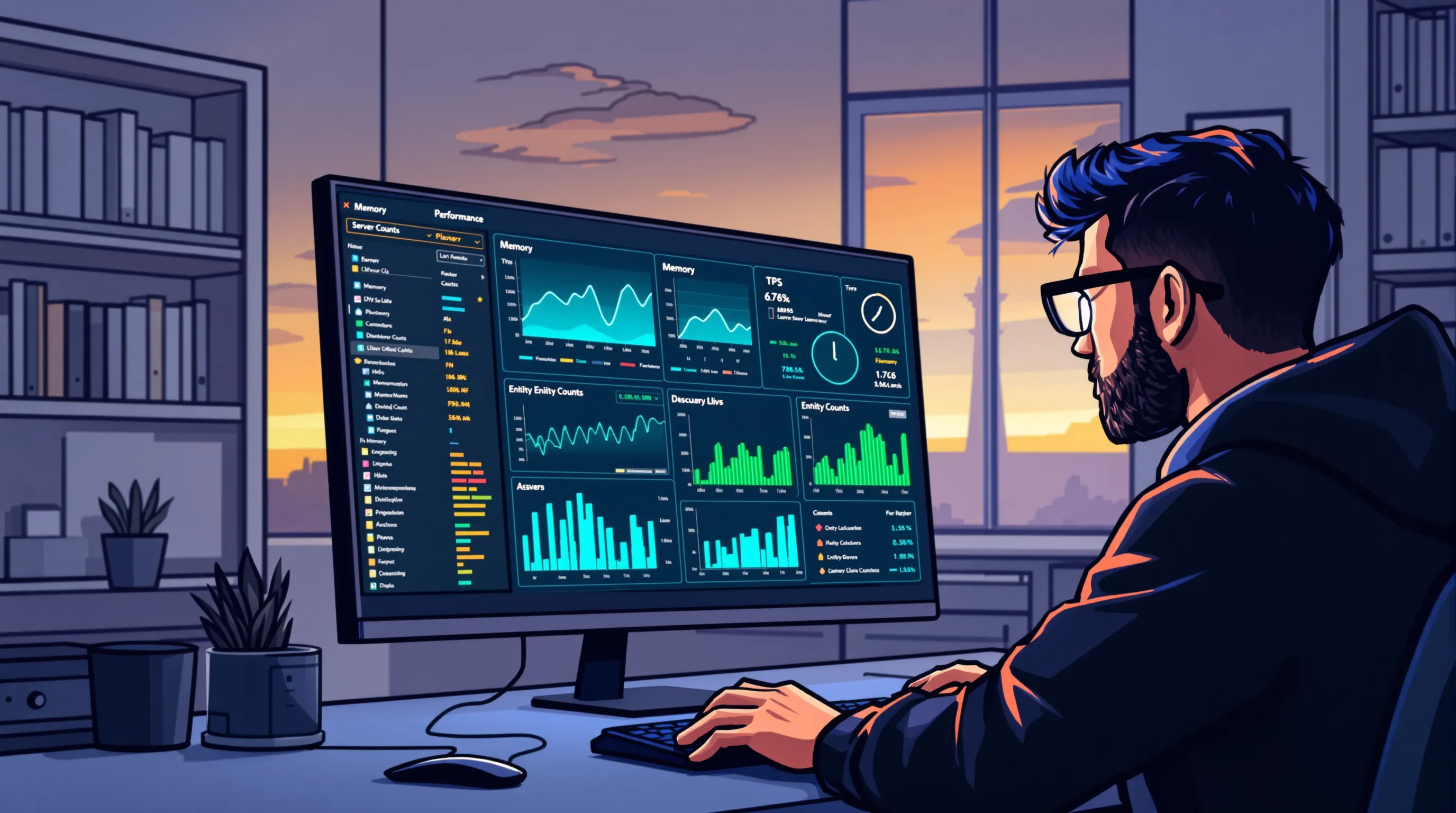 Plan rapproché d’un administrateur Minecraft observant un tableau de bord de performances sur un écran, avec graphiques de mémoire, TPS et entités.