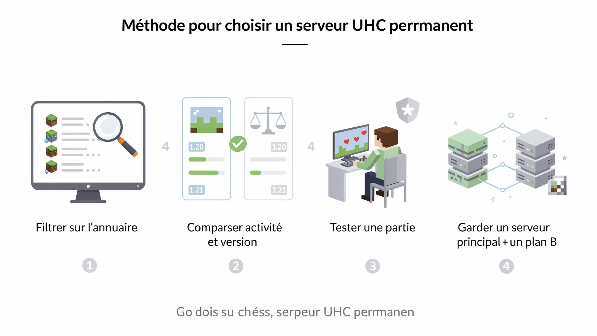 Schéma simple en 4 étapes montrant la méthode pour choisir un serveur UHC permanent: Filtrer sur l’annuaire, Comparer activité et version, Tester une partie, Garder un serveur principal + un plan B.