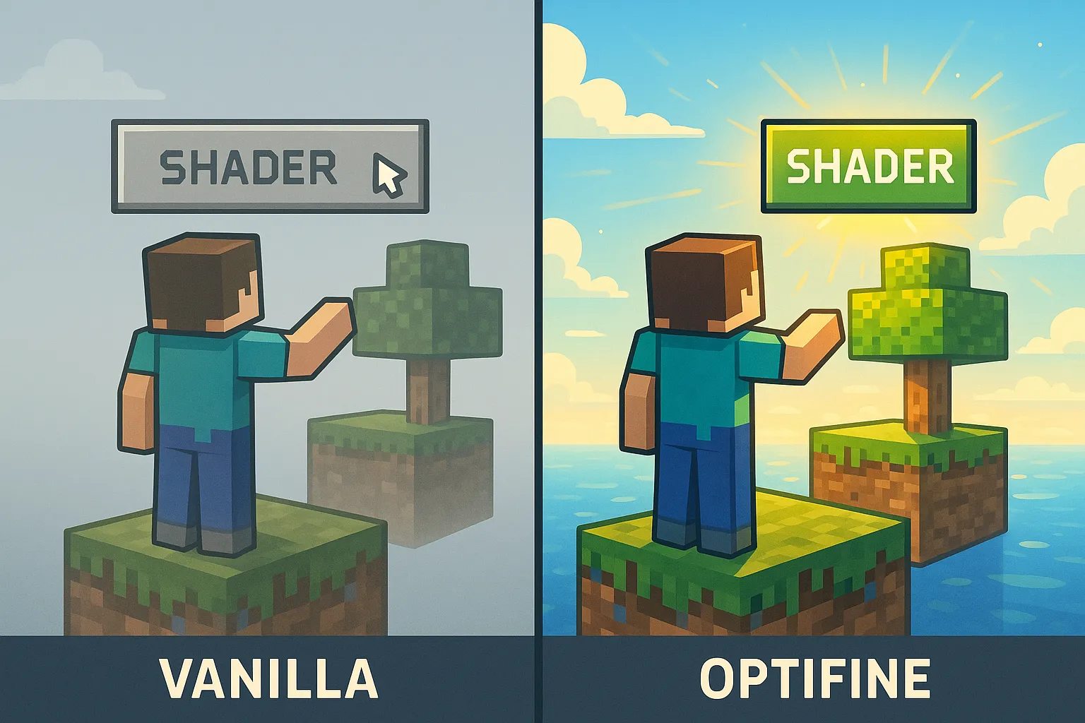 Illustration montrant un joueur Minecraft activant un shader sur son île Skyblock, avec un avant-après : à gauche vanilla brumeux, à droite rendu HDR plus lumineux grâce à OptiFine.