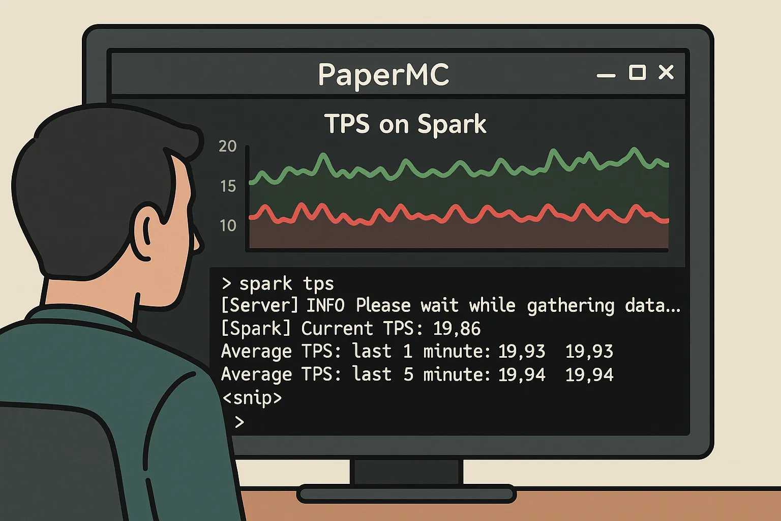 Capture d’écran d’un administrateur analysant le TPS sur Spark dans la console PaperMC, avec des graphes verts et rouges et un tchat lisible.