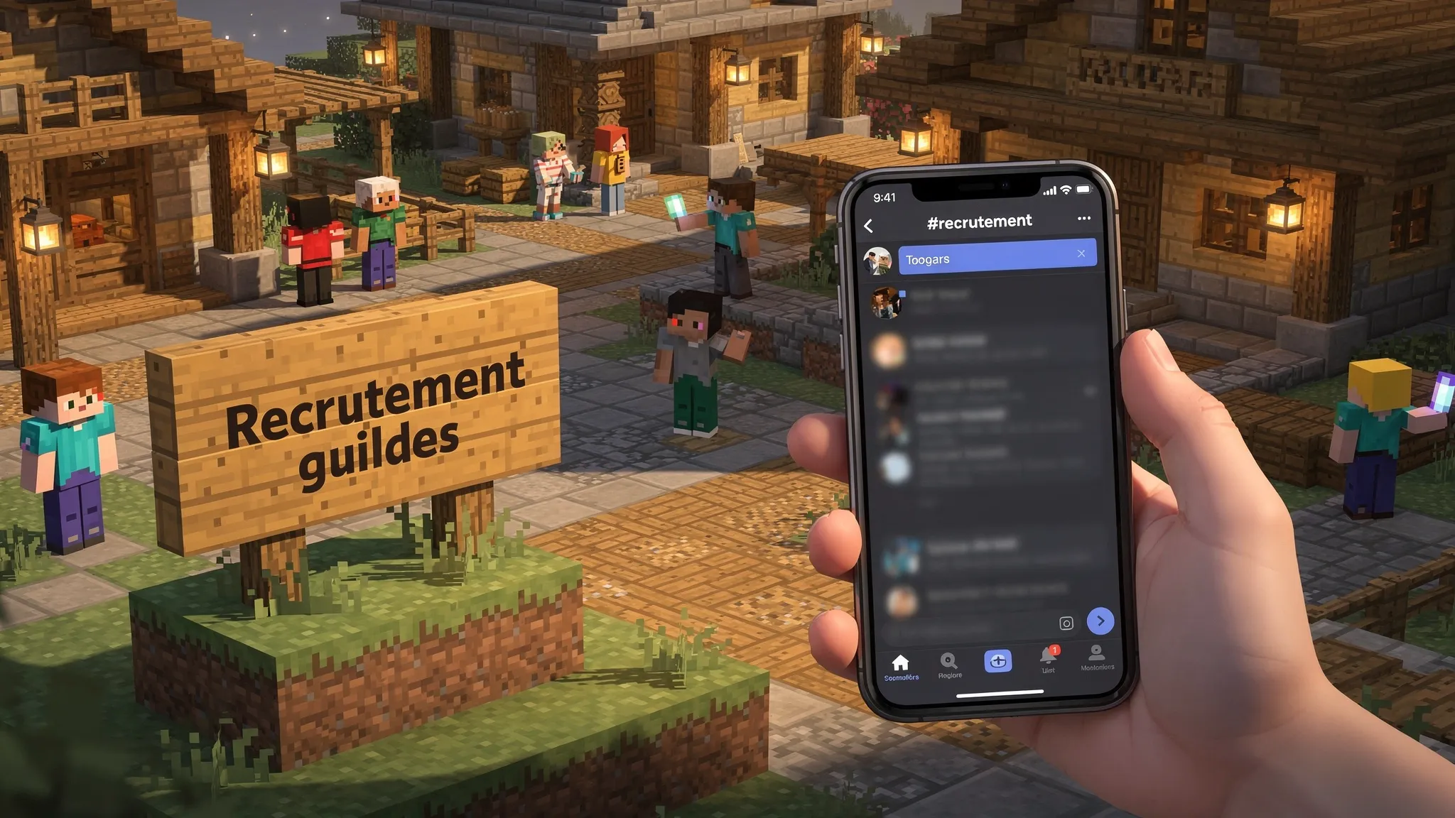 Scène dans un spawn Minecraft francophone avec un panneau “Recrutement guildes” et, à côté, une vue de salon Discord “#recrutement” sur un smartphone tenu par un joueur, sans texte lisible à l’écran, ambiance communautaire.