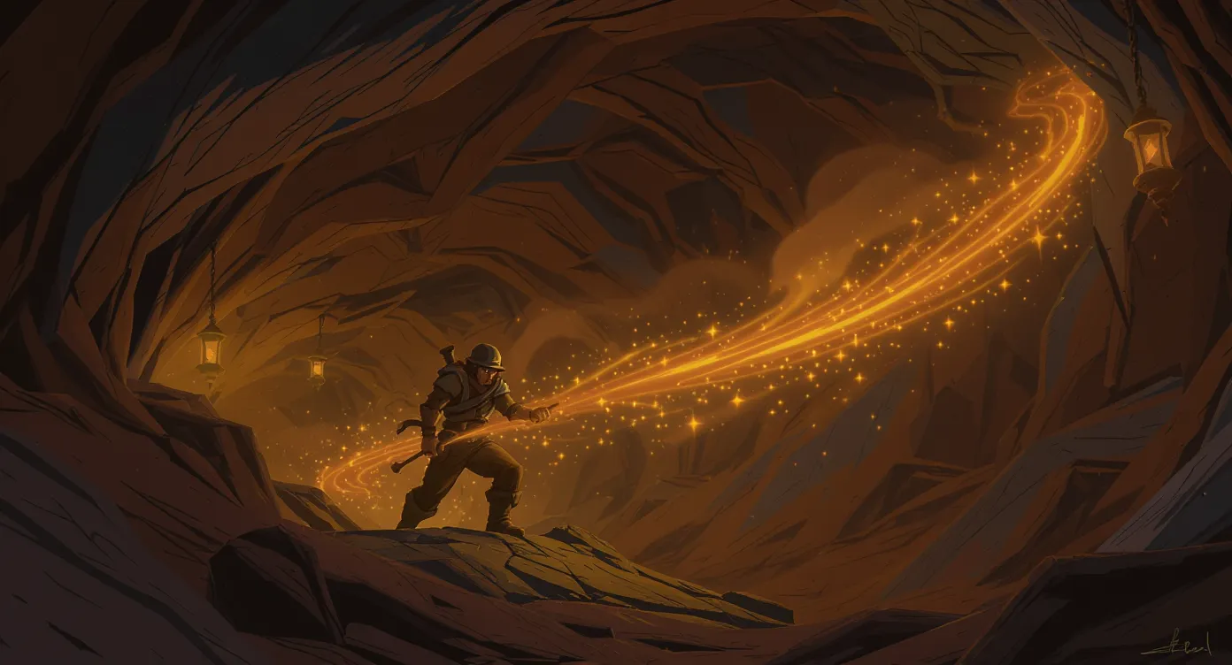 Un mineur en armure netherite maniant une pioche enchantée, éclairé par la lueur des minerais alors qu’il progresse dans une mine géante quadrillée de lanternes et de rails.