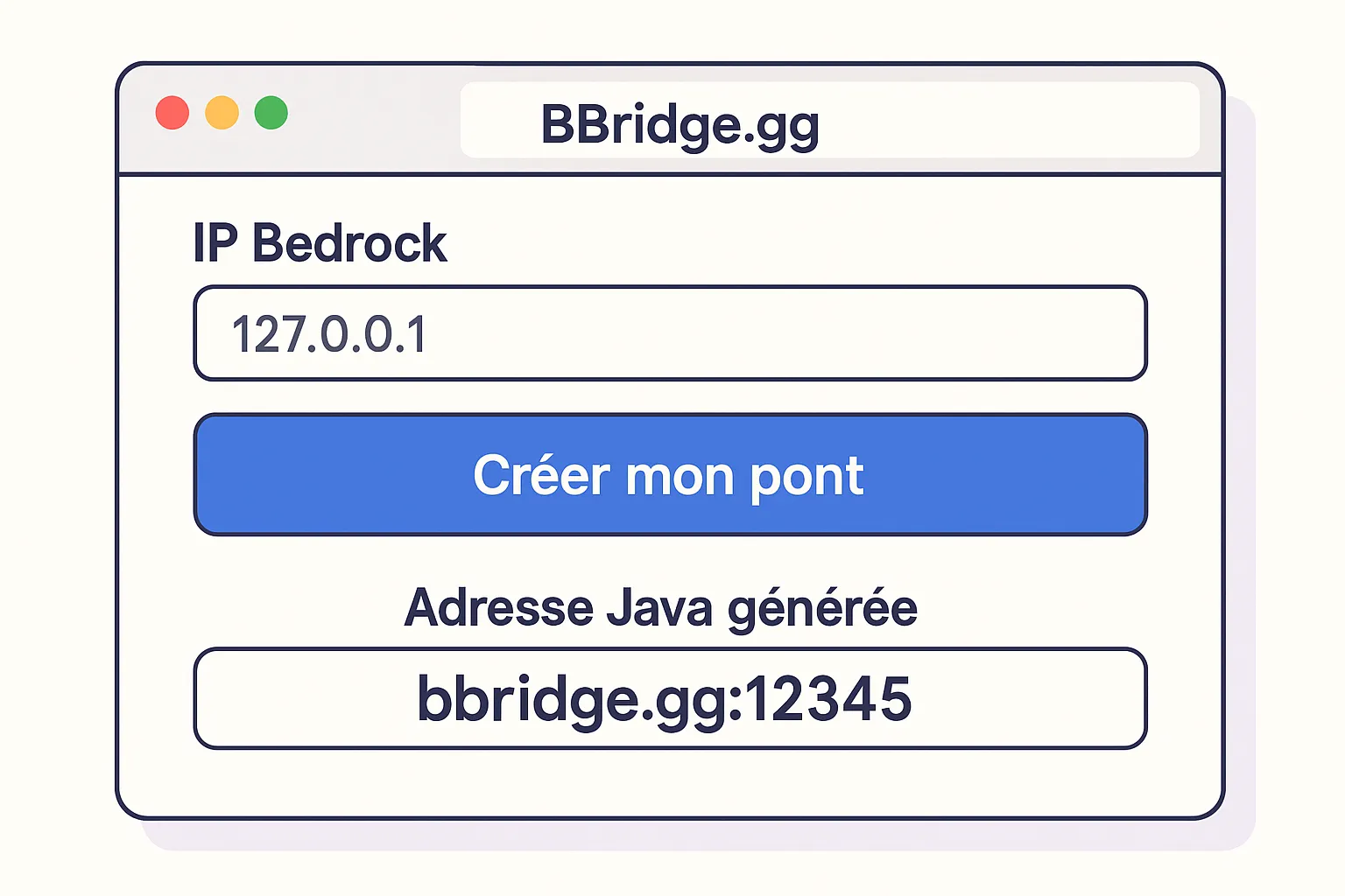 Capture d’écran fictive : interface web BBridge.gg montrant un champ IP Bedrock, un bouton « Créer mon pont » et l’adresse Java générée.