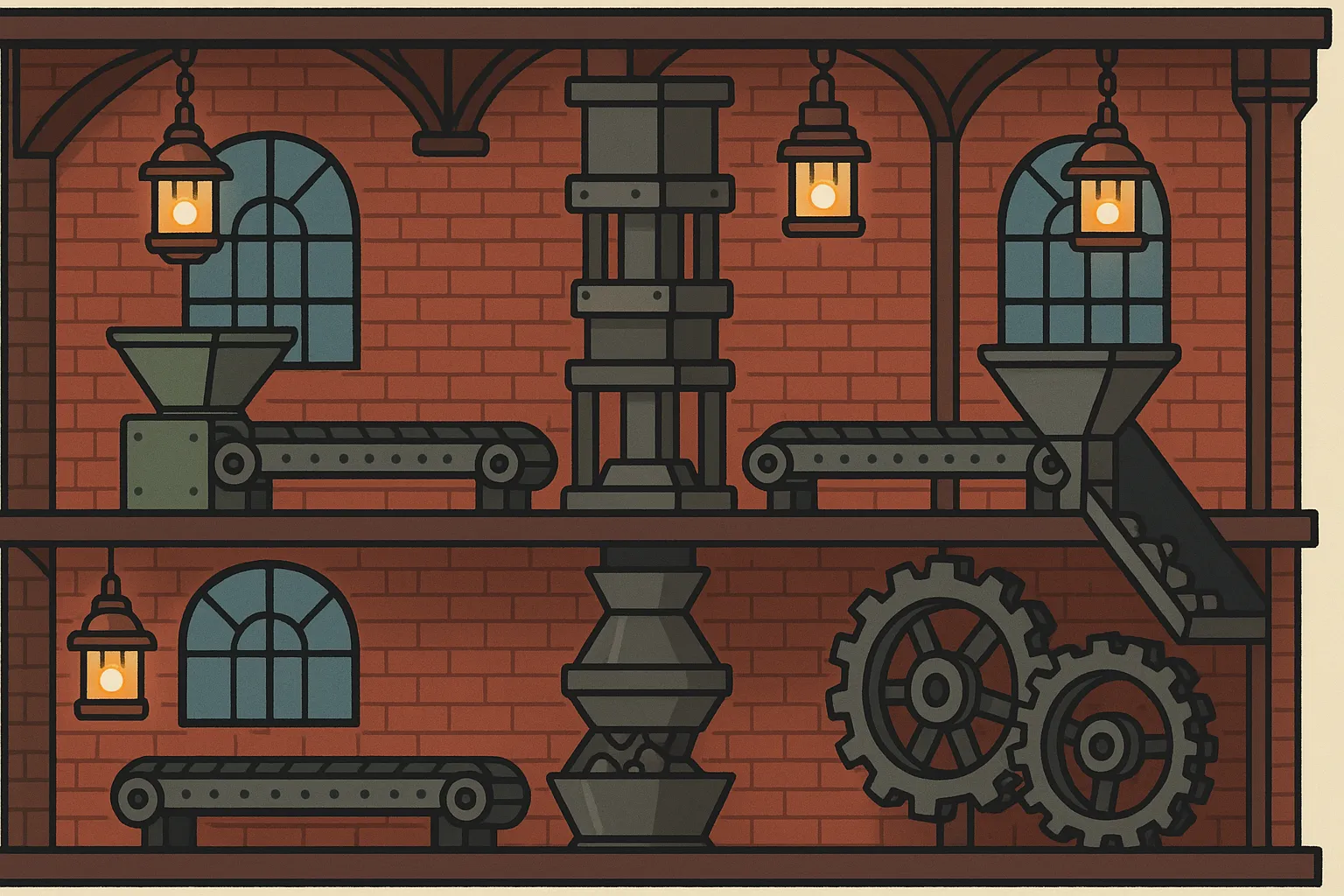 Plan en coupe d’une usine Create avec convoyeurs, presses, broyeurs et engrenages, le tout éclairé par des lanternes de cuivre.