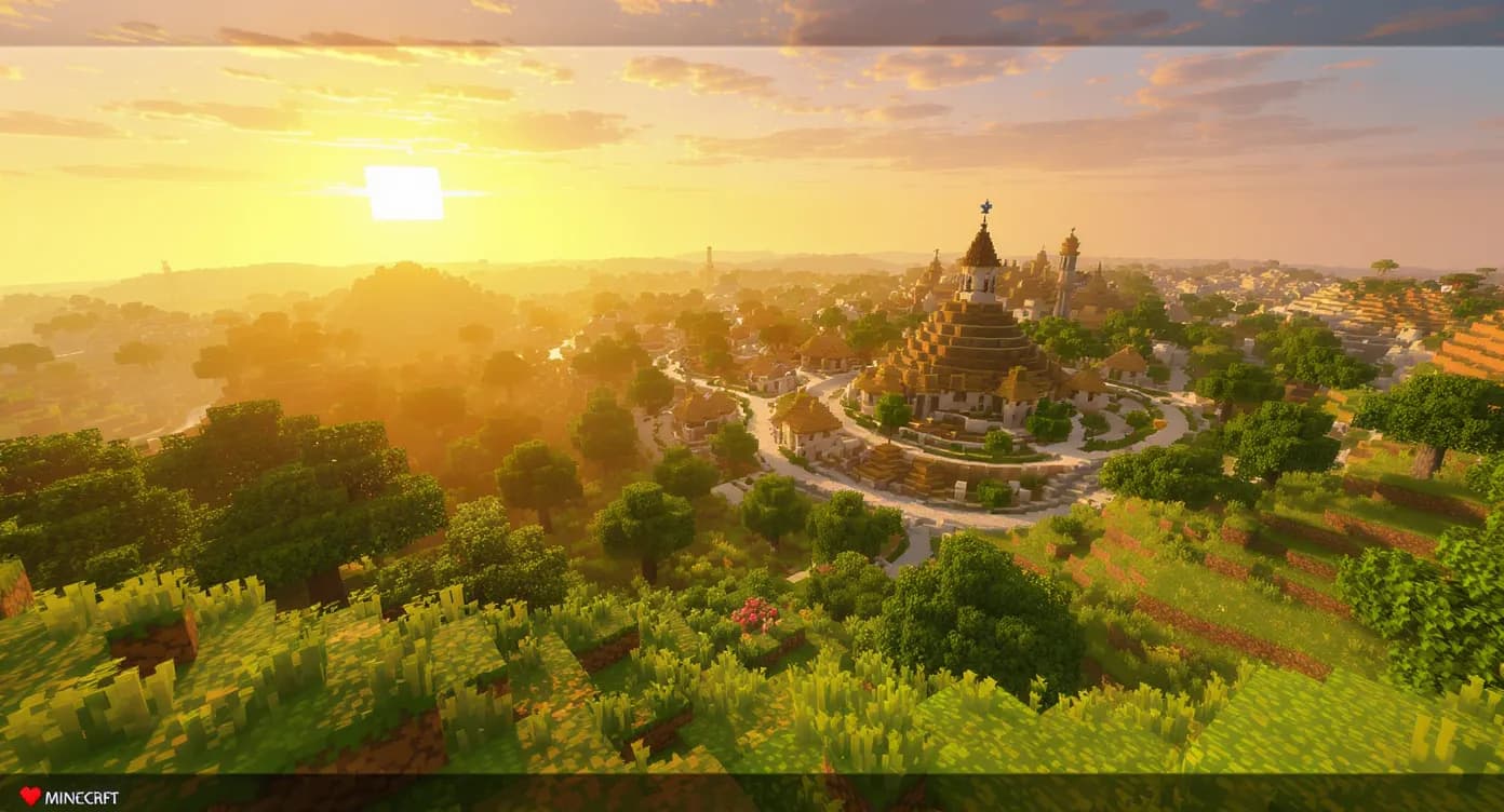 Vue panoramique d’un village Minecraft généré automatiquement dans une plaine verdoyante, éclairé par un coucher de soleil, sans aucune construction de joueur ni structure modifiée, reflétant la génération naturelle du jeu vanilla.