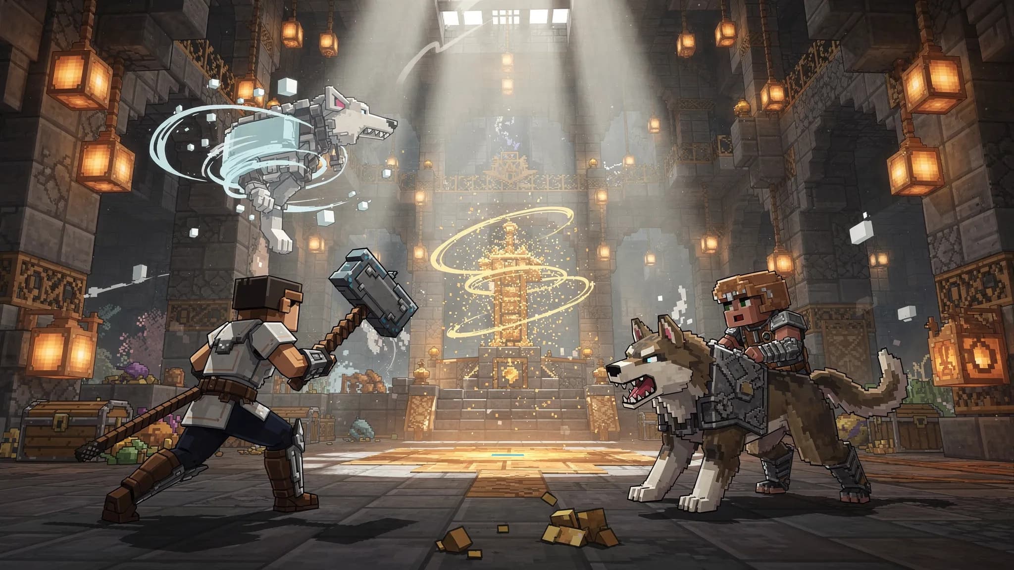 Deux joueurs francophones explorent une Trial Chamber éclairée par des copper bulbs, affrontant un Breeze près d’un trial spawner, l’un brandissant une masse et l’autre protégeant un loup équipé d’une armure, ambiance aventure coop en 1.21.