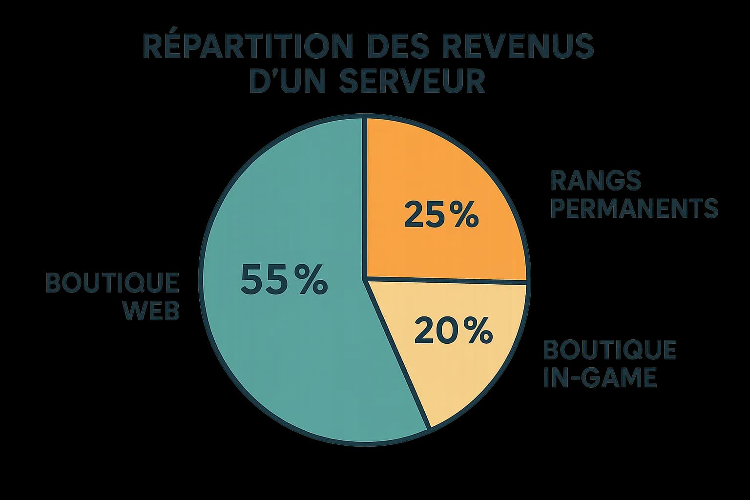 Graphique circulaire illustrant la répartition des revenus d'un serveur : boutique web 55 %, rangs permanents 25 %, boutique in-game 20 %.