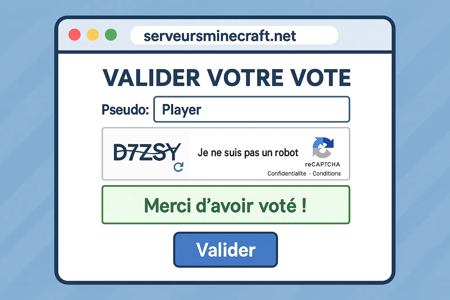 Vue d’écran simulée d’un joueur validant un vote sur la fiche ServeursMinecraft.net : la boîte de dialogue affiche le champ pseudo, un CAPTCHA, puis le message de succès « Merci d’avoir voté ! »