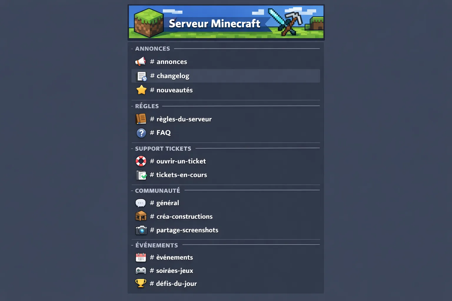 Vue d’ensemble d’un Discord de serveur Minecraft bien structuré: catégories “Annonces”, “Règles”, “Support tickets”, “Communauté”, “Événements”, avec des salons clairement nommés et un canal #changelog visible.