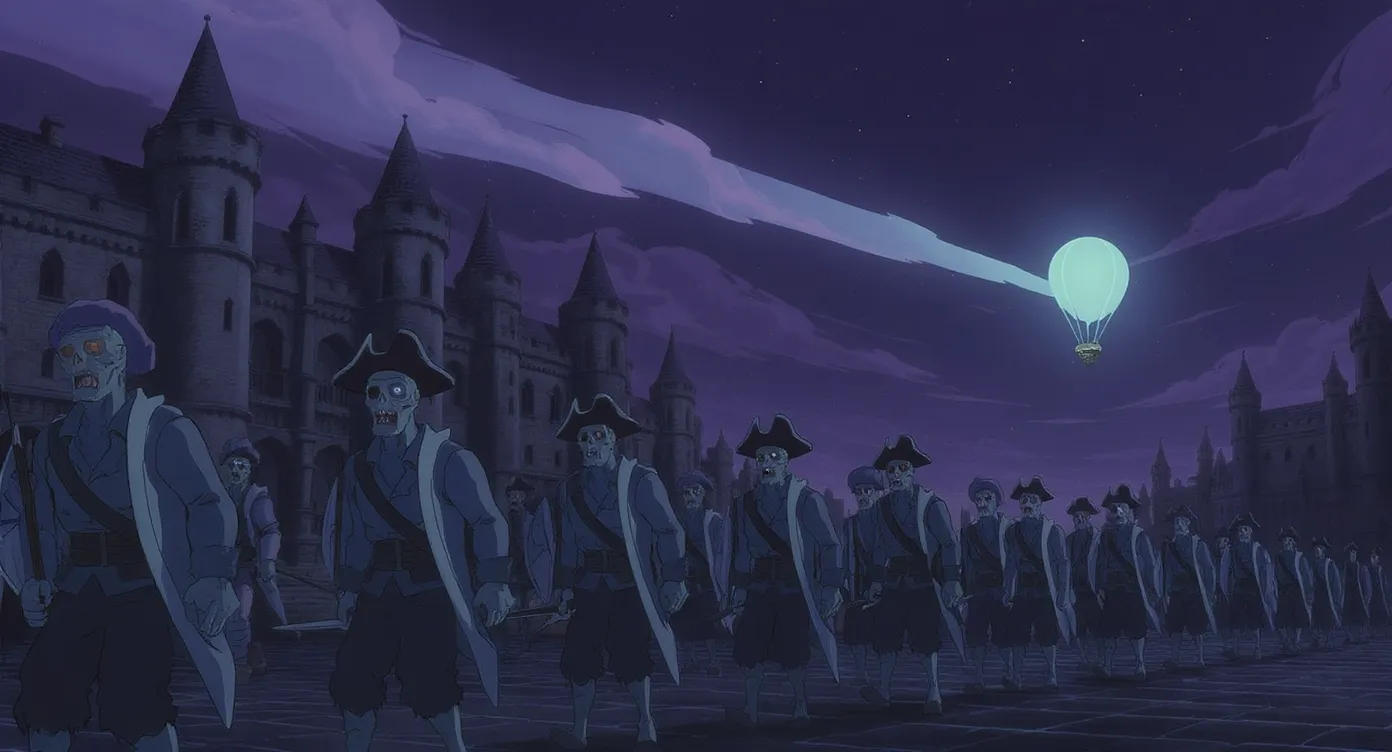 Procession de zombies déguisés en pirates, traversant une place médiévale peuplée de joueurs armés, sous un ciel violet traversé par un ballon fantôme lâchant une caisse spectrale.