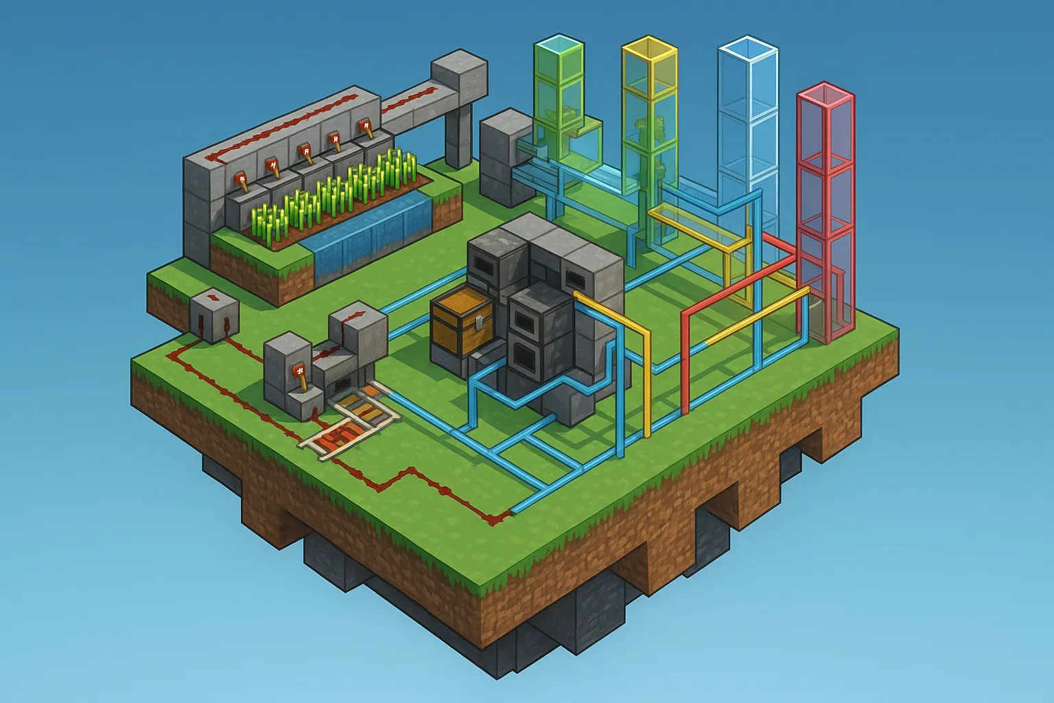 Vue isométrique d’une île Skyblock high-tech, remplie d’auto-fermes redstone et de tubes de verre coloré, sur fond de vide et ciel bleu