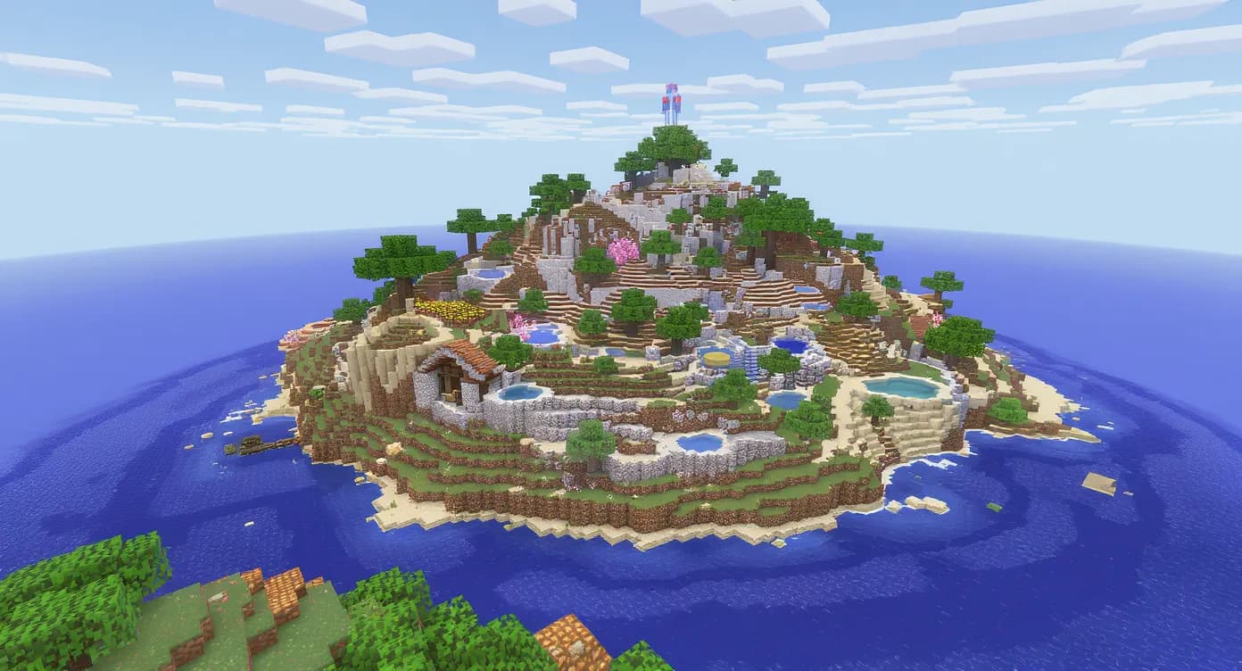 Vue panoramique d’une base Skyblock multi-niveaux avec générateur de cobblestone, farms automatiques et île centrale luxuriante, ciel clair et distance de rendu élevée.