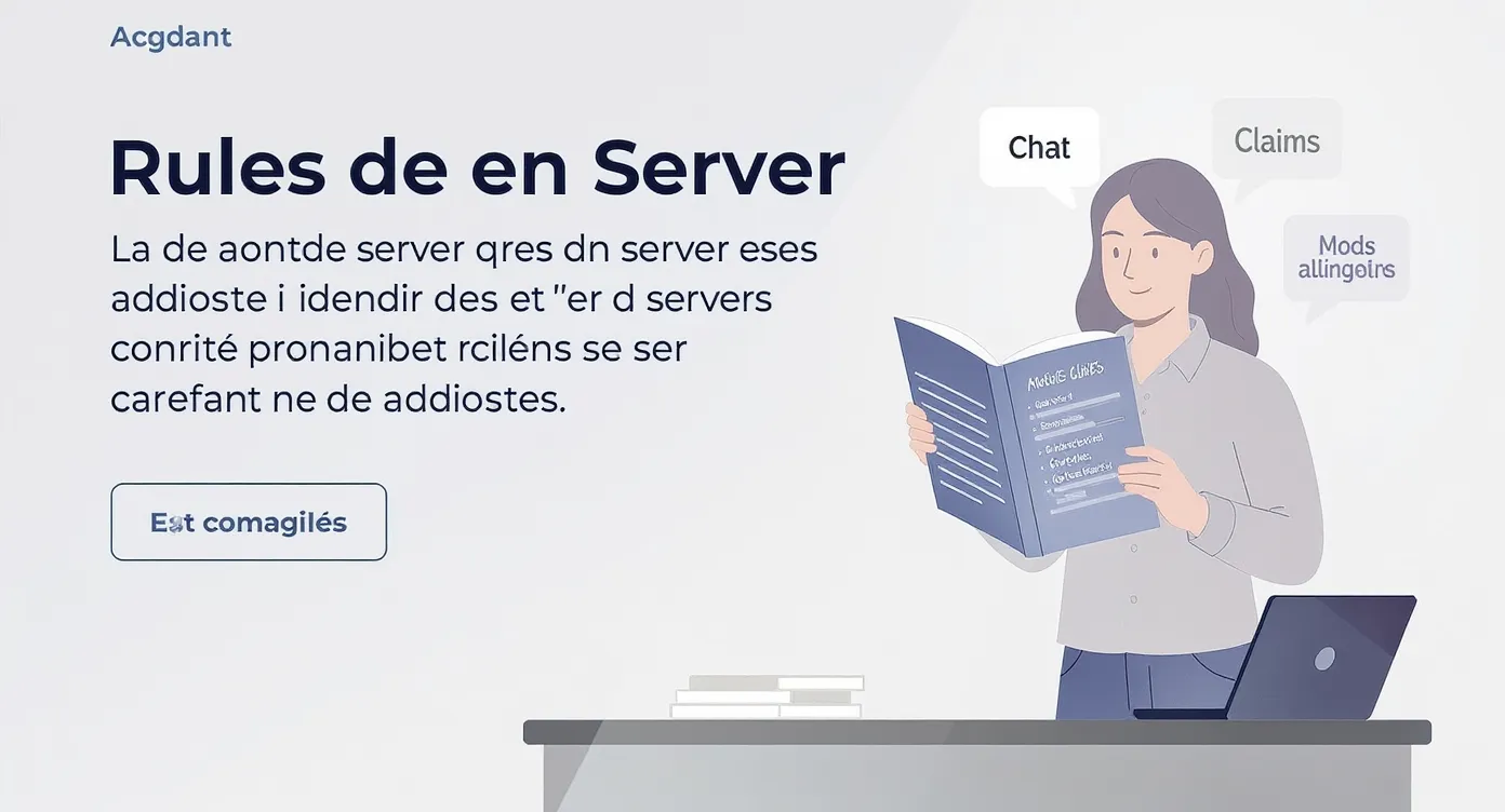 Un joueur consulte un livre lectern avec les règles détaillées d’un serveur, derrière lui des panneaux “Chat”, “Claims”, “Mods autorisés”.