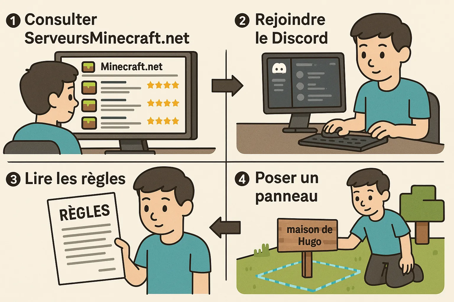 Schéma simple en 4 étapes montrant un joueur qui consulte une fiche ServeursMinecraft.net, rejoint le Discord, lit les règles et finalement pose un panneau « maison de Hugo » sur un claim sécurisé.