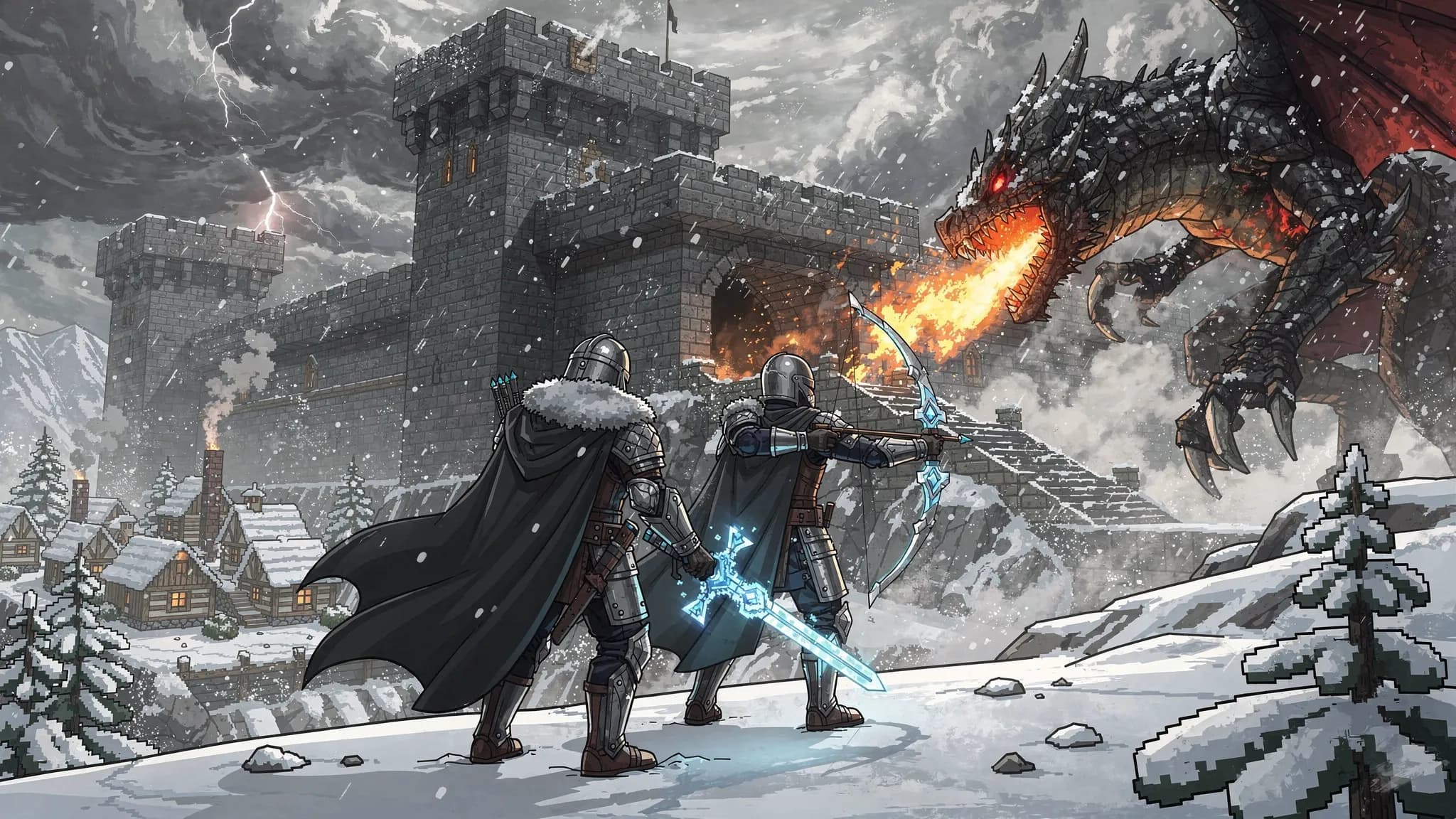 Deux joueurs francophones en armure de RLCraft défendent une forteresse en pierre contre un dragon dans un biome enneigé, avec un village en arrière-plan et un ciel orageux, évoquant la difficulté et l’ambiance hardcore du modpack.