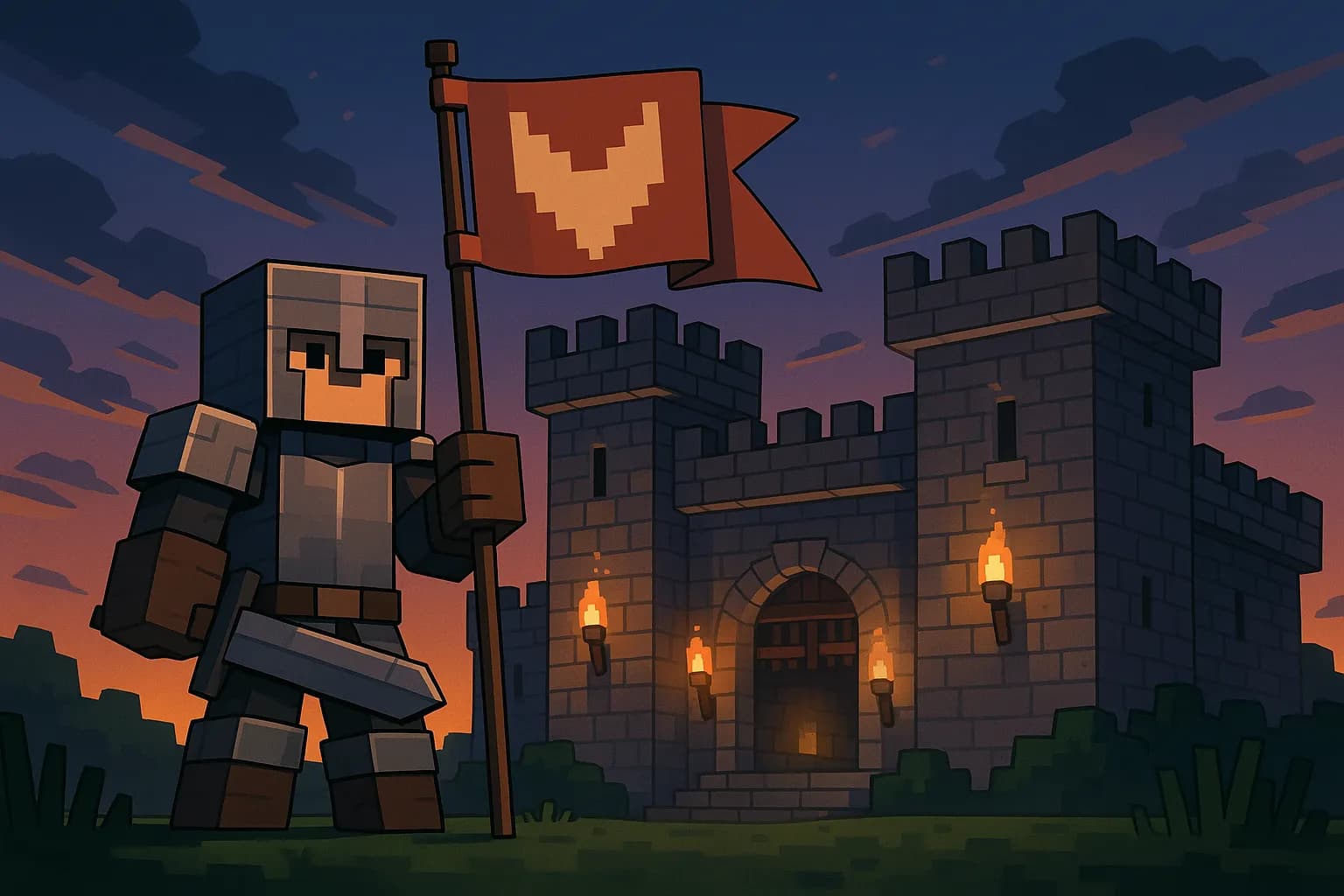 Un chevalier Minecraft brandissant une bannière devant un château fort éclairé par des torches au crépuscule.