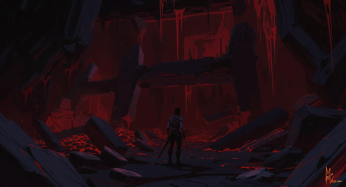 Joueur solitaire devant une base souterraine partiellement détruite, lumière de lave éclairant des coffres dispersés, atmosphère sombre.