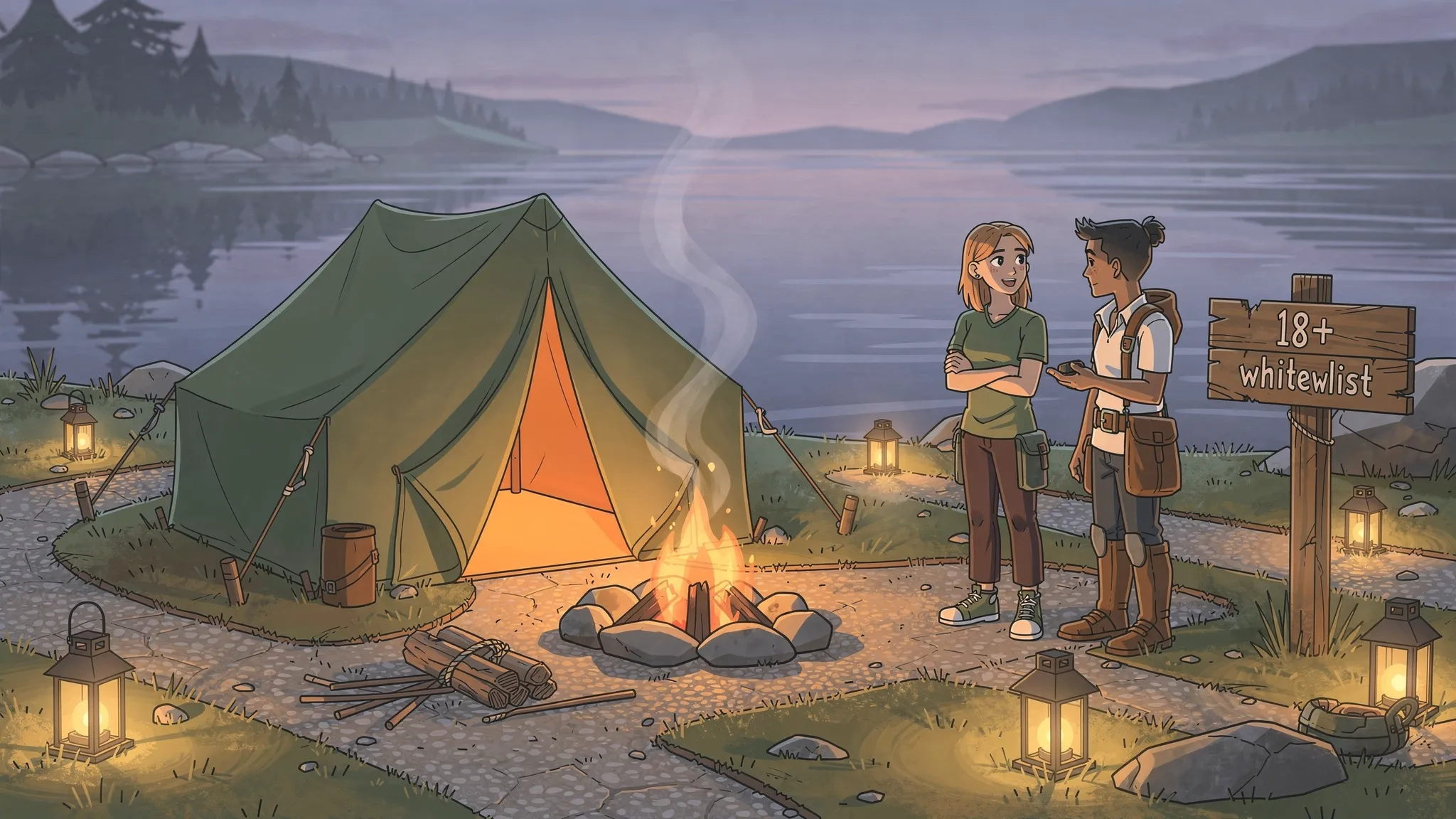 Un feu de camp cosy sous une tente en spruce au bord d’un lac au crépuscule, chemins en gravier et lanternes, deux joueurs discutent près d’un panneau « 18+ whitelist » avec une ambiance calme et chaleureuse, évoquant un SMP adulte et relax.