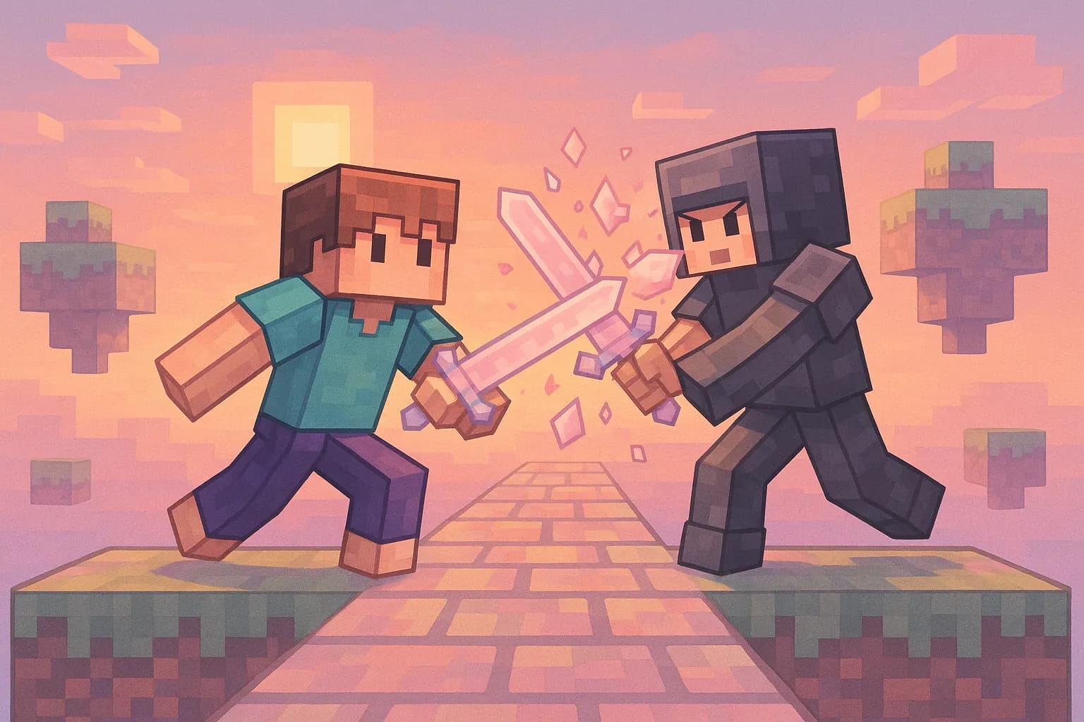 Scène de combat sur un pont Skyblock éclairé par le coucher du soleil, textures pastel du pack Crystal Heart 16x, épée courte rose pâle et particules d’impact en forme de cristaux.