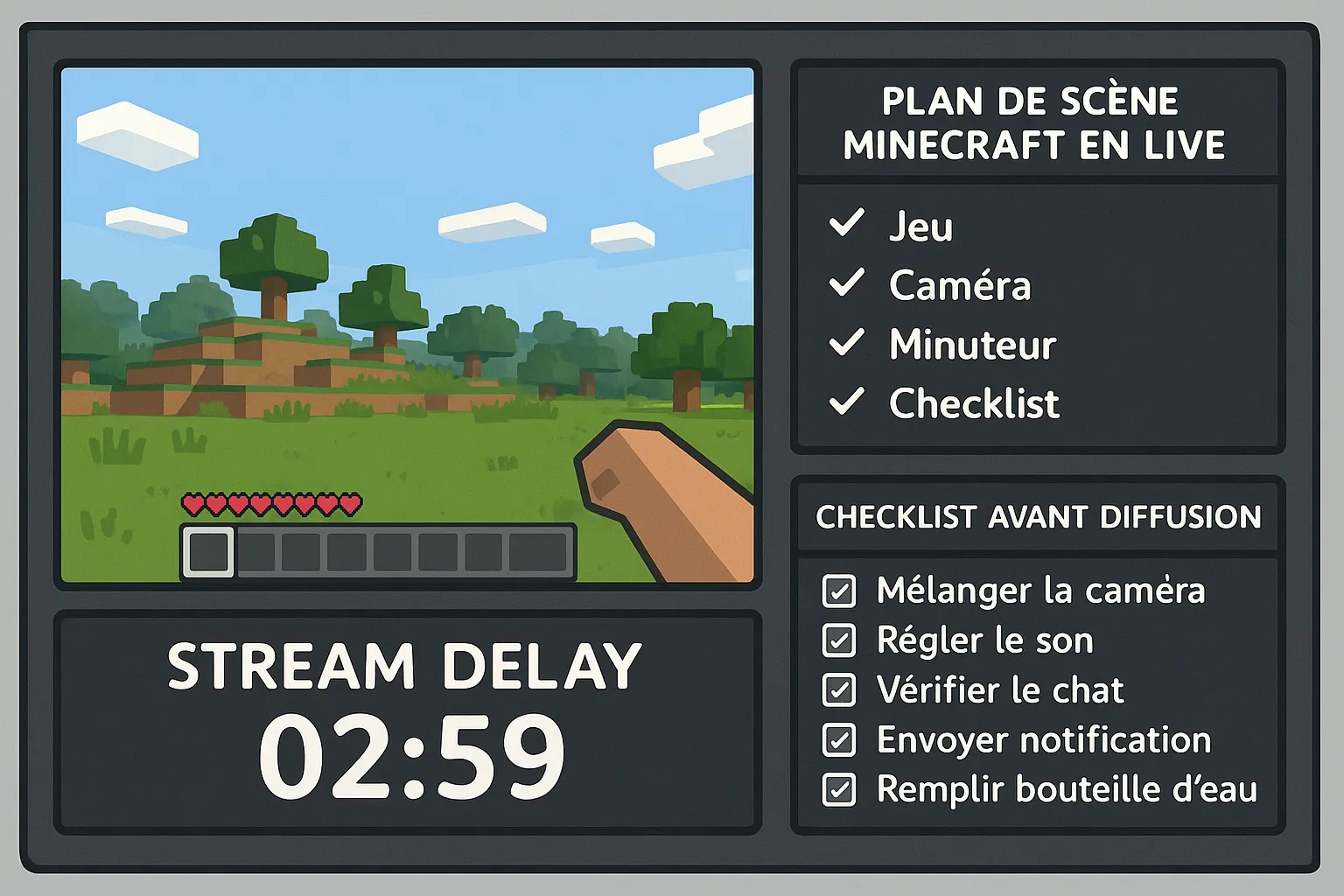 Plan de scène de live Minecraft en français, capture OBS avec sources séparées, horloge de stream delay visible, et liste de vérifications avant diffusion.