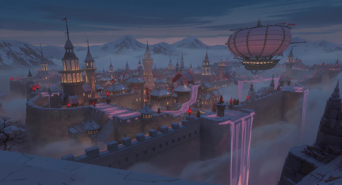Vue aérienne d’une cité médiévale fantastique au crépuscule, murs éclairés par des lampes en redstone, un dirigeable flotte au-dessus, des PNJ se déplacent sur les remparts, montagne enneigée en arrière-plan.