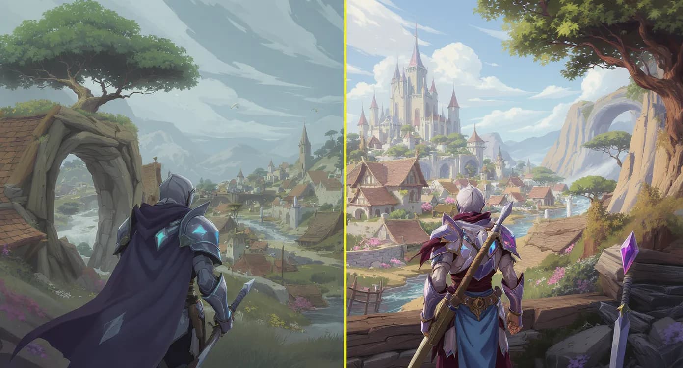 Deux joueurs en armure de diamant observent un village généré naturellement ; à gauche l’image rayonne d’un shader réaliste (semi-vanilla). À droite, le même village affiche les couleurs brutes du jeu sans modifications (vanilla).