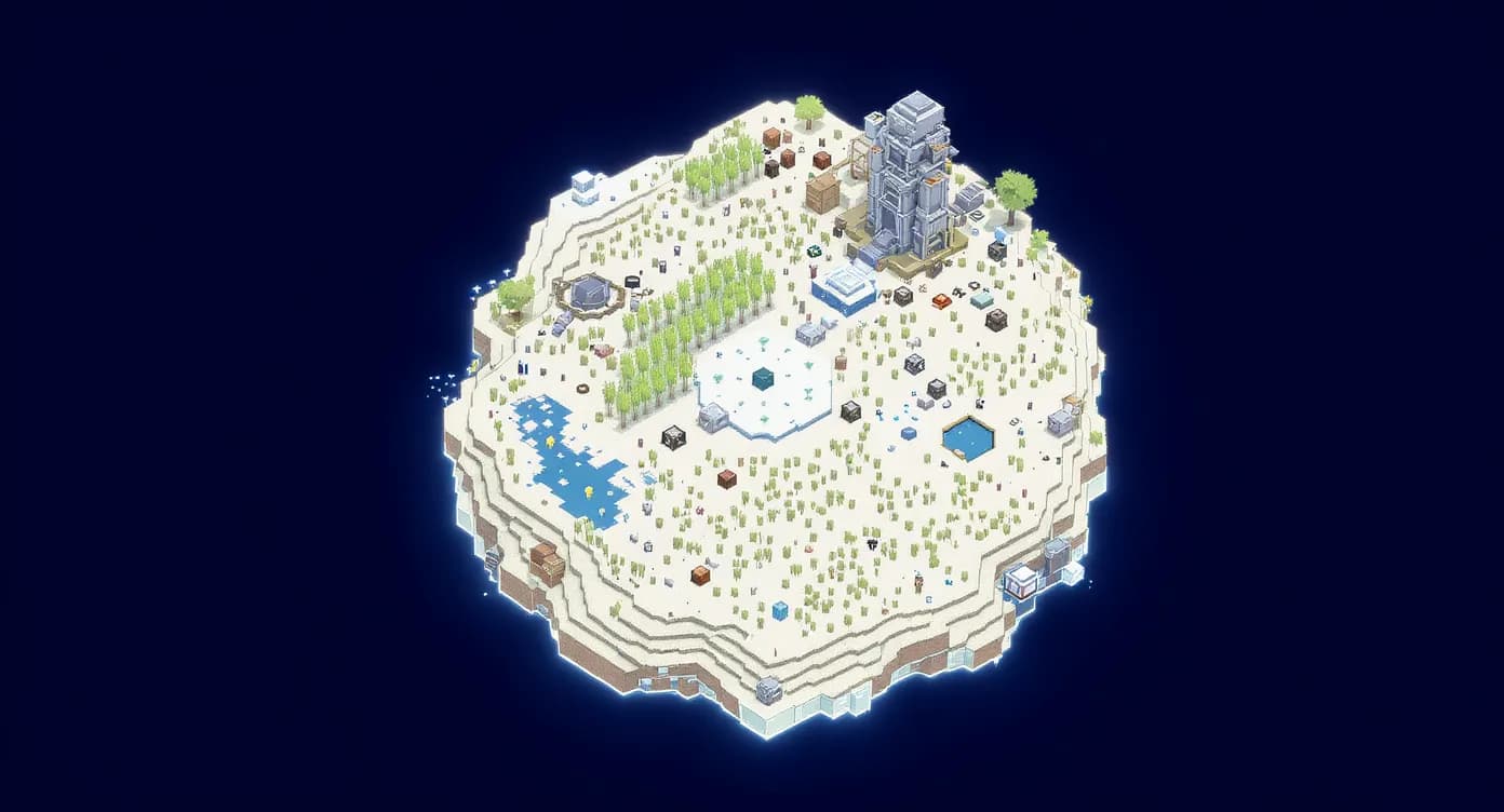 Vue aérienne d’une île Skyblock classique avec un générateur de cobblestone, une ferme à canne à sucre et quelques coffres, entourée du vide bleu nuit.