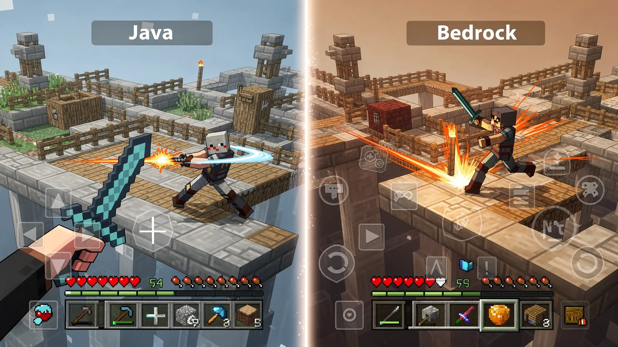 Comparaison visuelle d’une arène PvP Minecraft avec deux zones distinctes : à gauche un joueur Java (HUD typique PC) et à droite un joueur Bedrock (interface console/mobile), montrant des combats au corps à corps et des effets de knockback.