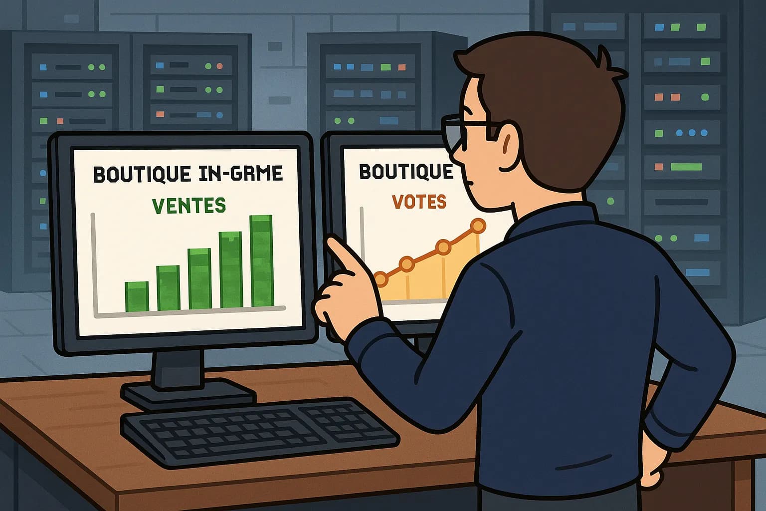 Un administrateur de serveur Minecraft examine des graphiques de ventes et de votes affichés sur deux écrans : à gauche les statistiques d'une boutique in-game, à droite celles d'une boutique web, avec en arrière-plan une salle de serveurs.