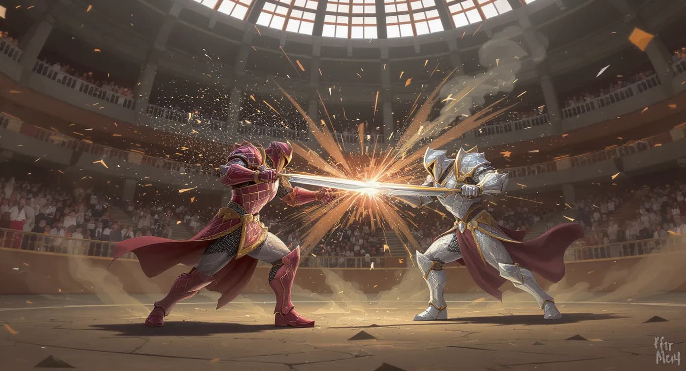 Scène intérieure d’une arène KitPvP stylisée médiévale : deux joueurs en armure diamant se lancent dans un duel sous les gradins, effets de particules et public en arrière-plan.