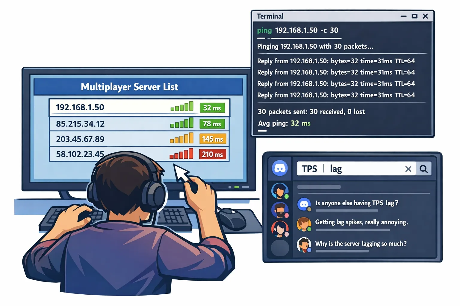 Plan d’action visuel: un joueur ajoute plusieurs IP dans la liste multijoueur pour comparer les barres de ping, pendant qu’un terminal lance un ping de 30 paquets. Un petit encart montre un salon Discord avec recherche “TPS” et “lag”.