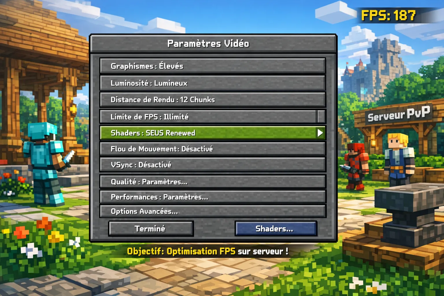 Menu des paramètres vidéo de Minecraft avec options de shader activées, un compteur FPS affiché en surimpression et une scène multijoueur en arrière-plan, montrant l’objectif d’optimisation FPS sur serveur.