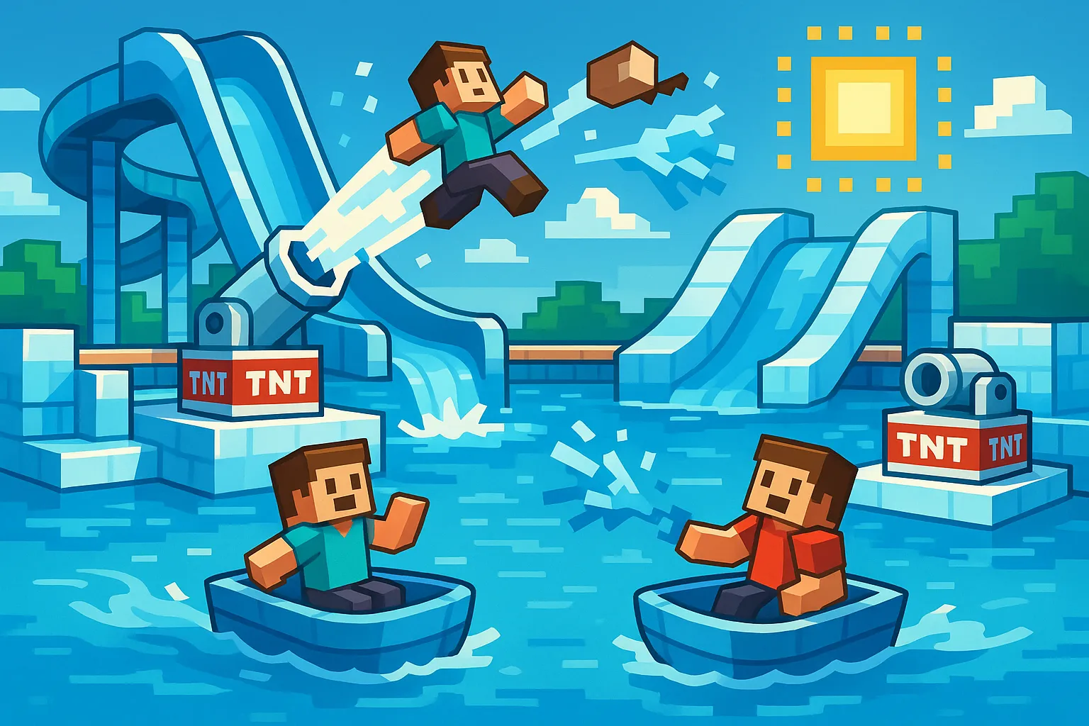 Une arène aquatique de type water-park avec toboggans en blocs de glace et canons à TNT qui propulsent les joueurs dans une bataille PvP nautique, sous un soleil d’été pixelisé.