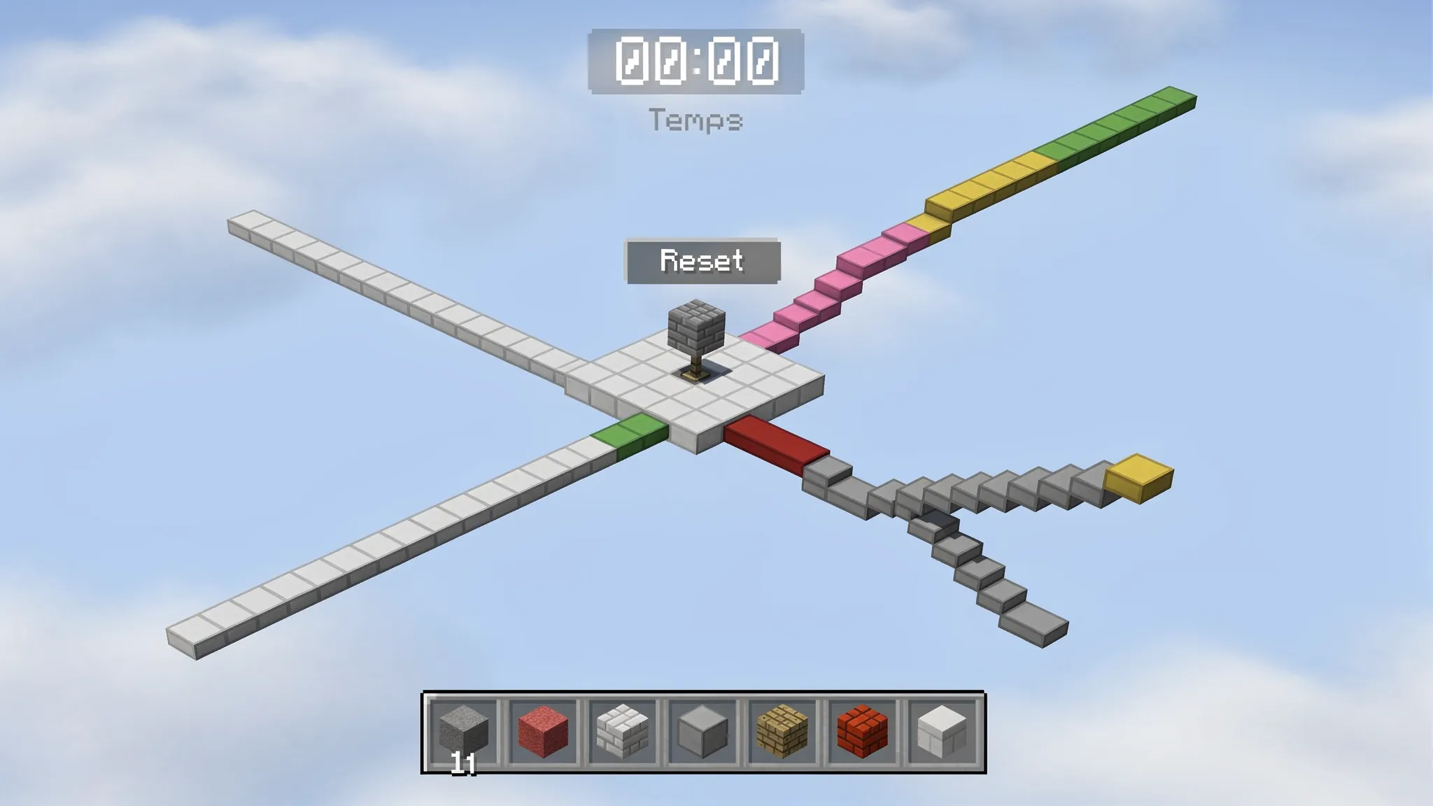 Un îlot d’entraînement BedWars avec plusieurs lignes de bridging (droite, diagonale et en escalier), un compteur de temps, un reset rapide et un inventaire réduit aux blocs.