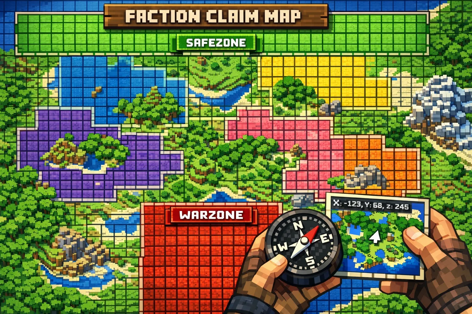 Carte de claims vue du dessus dans Minecraft, avec une grille de chunks colorés indiquant plusieurs factions, des zones SafeZone et WarZone, et un joueur tenant une boussole devant une mini-carte.