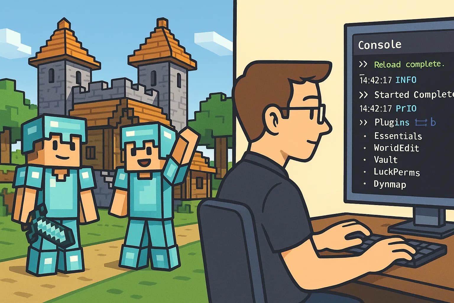 Deux joueurs Minecraft en armure de diamants posent devant leur base médiévale, tandis qu’un administrateur observe la console sur un second écran montrant la liste des plugins actifs.