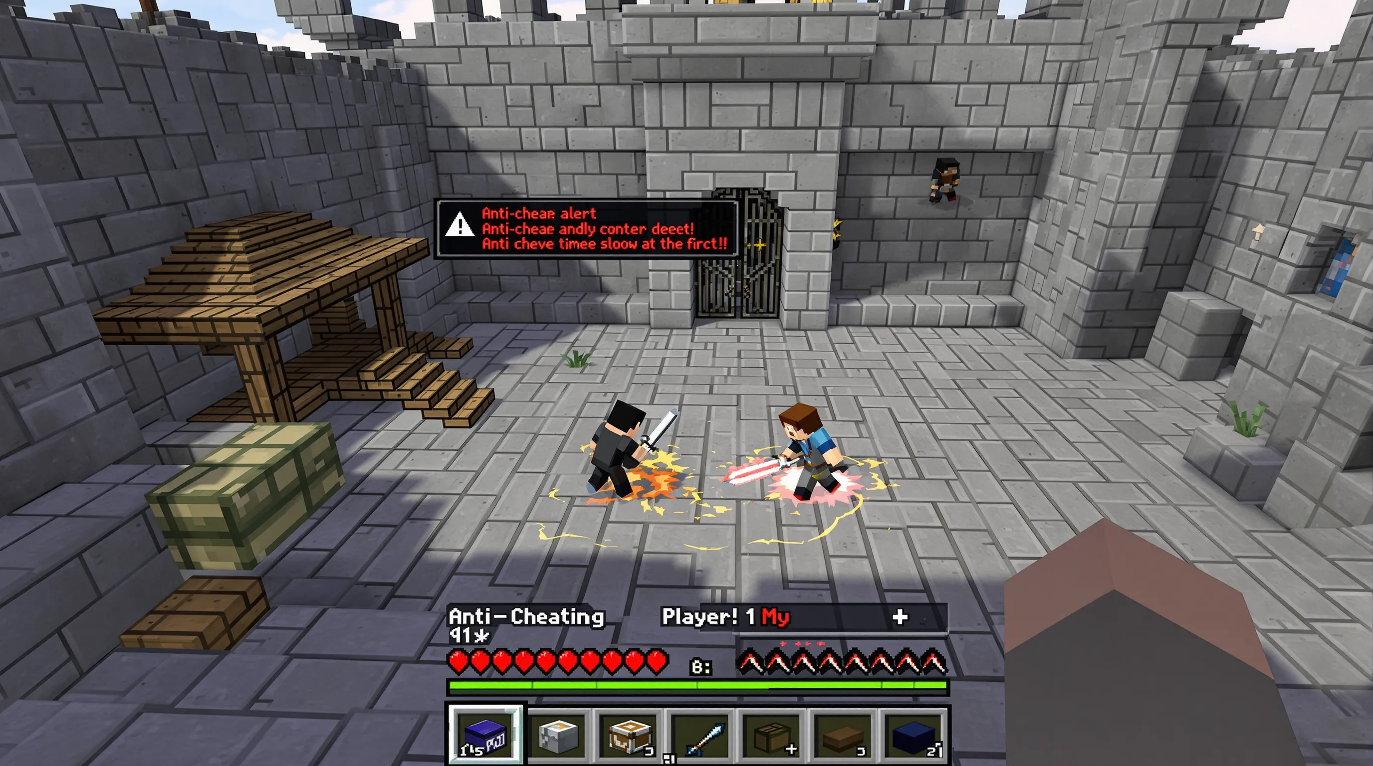 Vue à la première personne d’un modérateur Minecraft observant le combat suspect de deux joueurs dans une arène médiévale, avec les messages d’alerte anti-cheat visibles dans le chat.