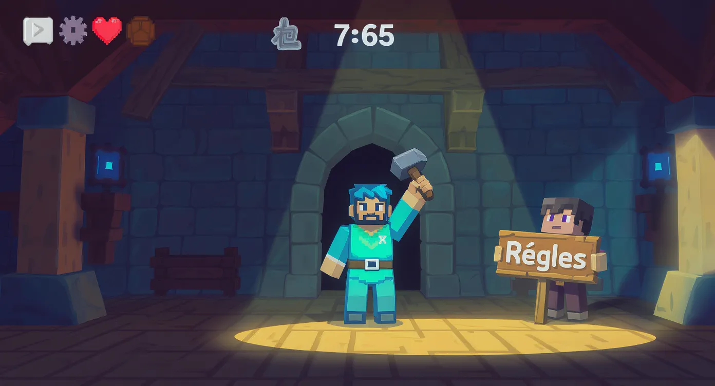 Un modérateur brandit un marteau ban virtuel tandis qu’un joueur pixelisé affiche une pancarte “Règles” dans un hall de spawn médiéval.