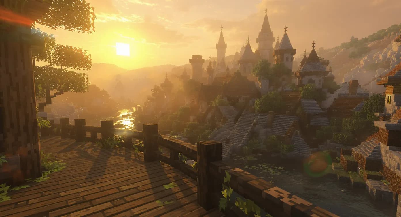 Un village médiéval Minecraft éclairé par une lumière dorée au lever du soleil, vu depuis un pont de bois couvert de lierres, avec un fleuve reflétant les toits en tuiles, aucun HUD visible.