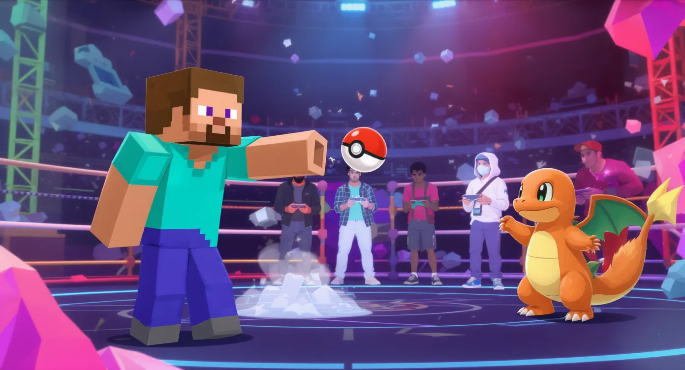 Scène in-game illustrant un dresseur Minecraft lançant une Poké Ball sur un Salamèche, avec une arène colorée et plusieurs joueurs francophones en arrière-plan.