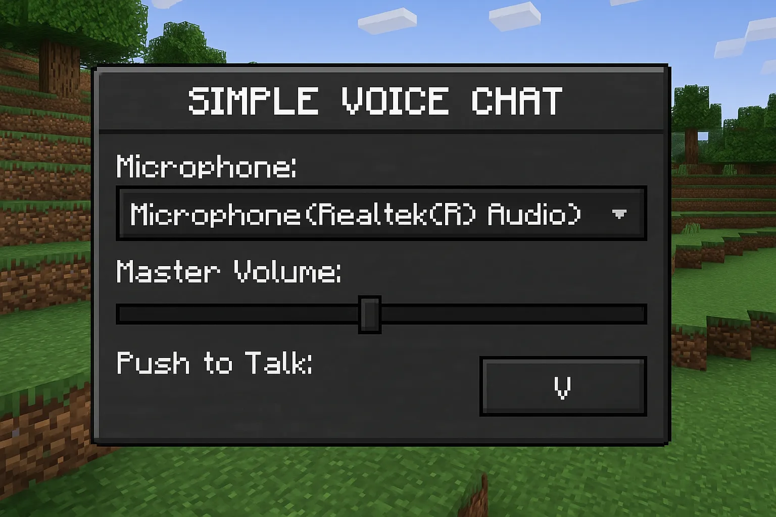 Gros plan sur l’interface de configuration de Simple Voice Chat ouverte dans Minecraft ; on voit la liste des microphones, le volume master et la touche push-to-talk.
