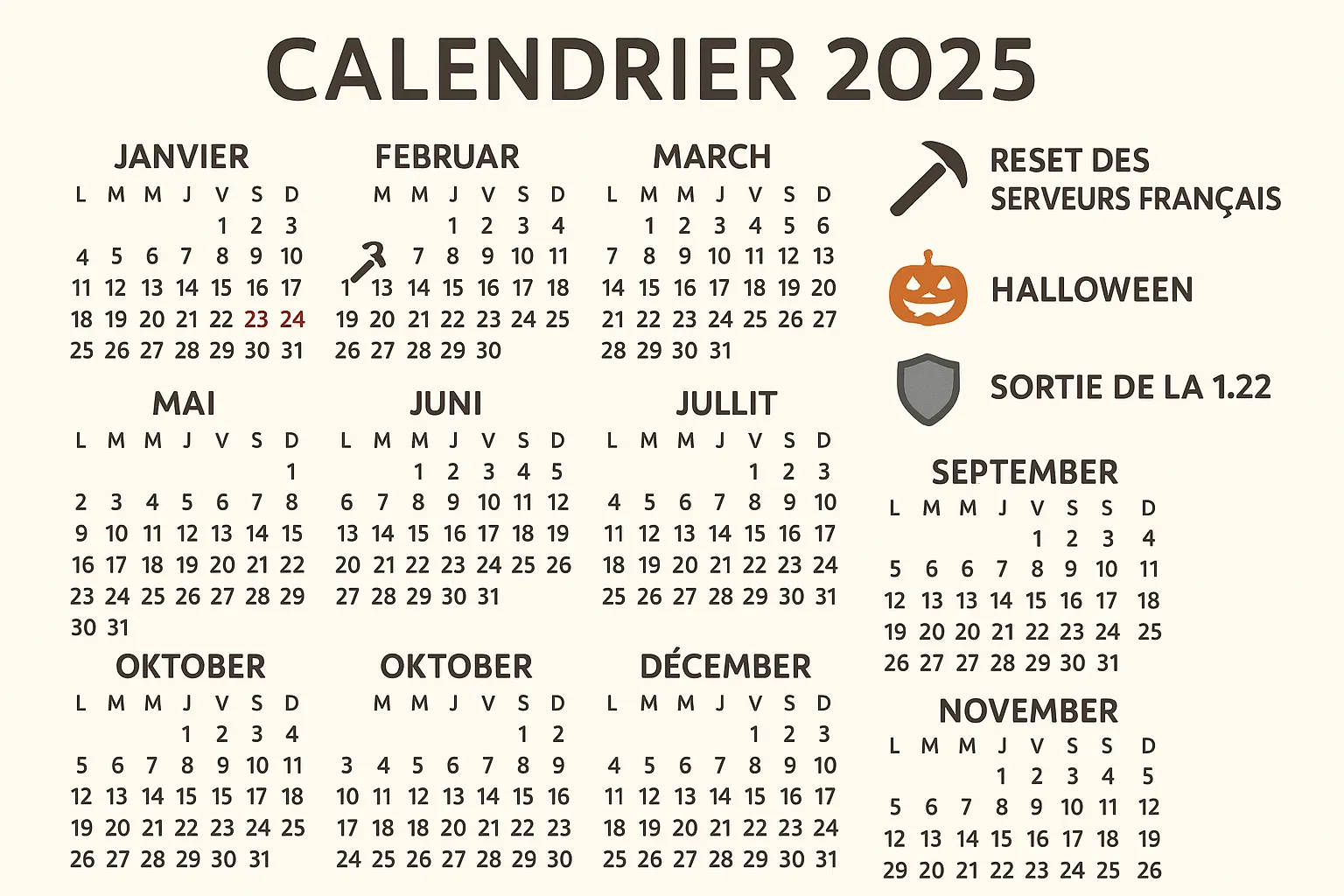 Visuel type calendrier 2025 affichant les principaux resets de serveurs français, événements Hallween et sortie de la 1.22, avec icônes pickaxe, bouclier et citrouille.