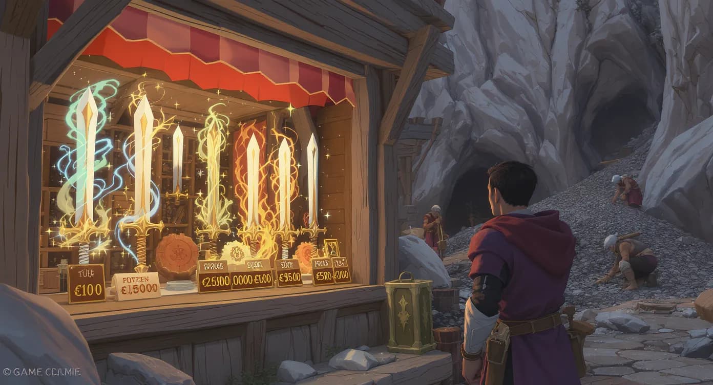 Un joueur examine la vitrine d’une boutique en jeu où des épées aux enchantements exagérés sont étiquetées en euros, tandis qu’en arrière-plan des joueurs sans rang tentent de miner du fer.