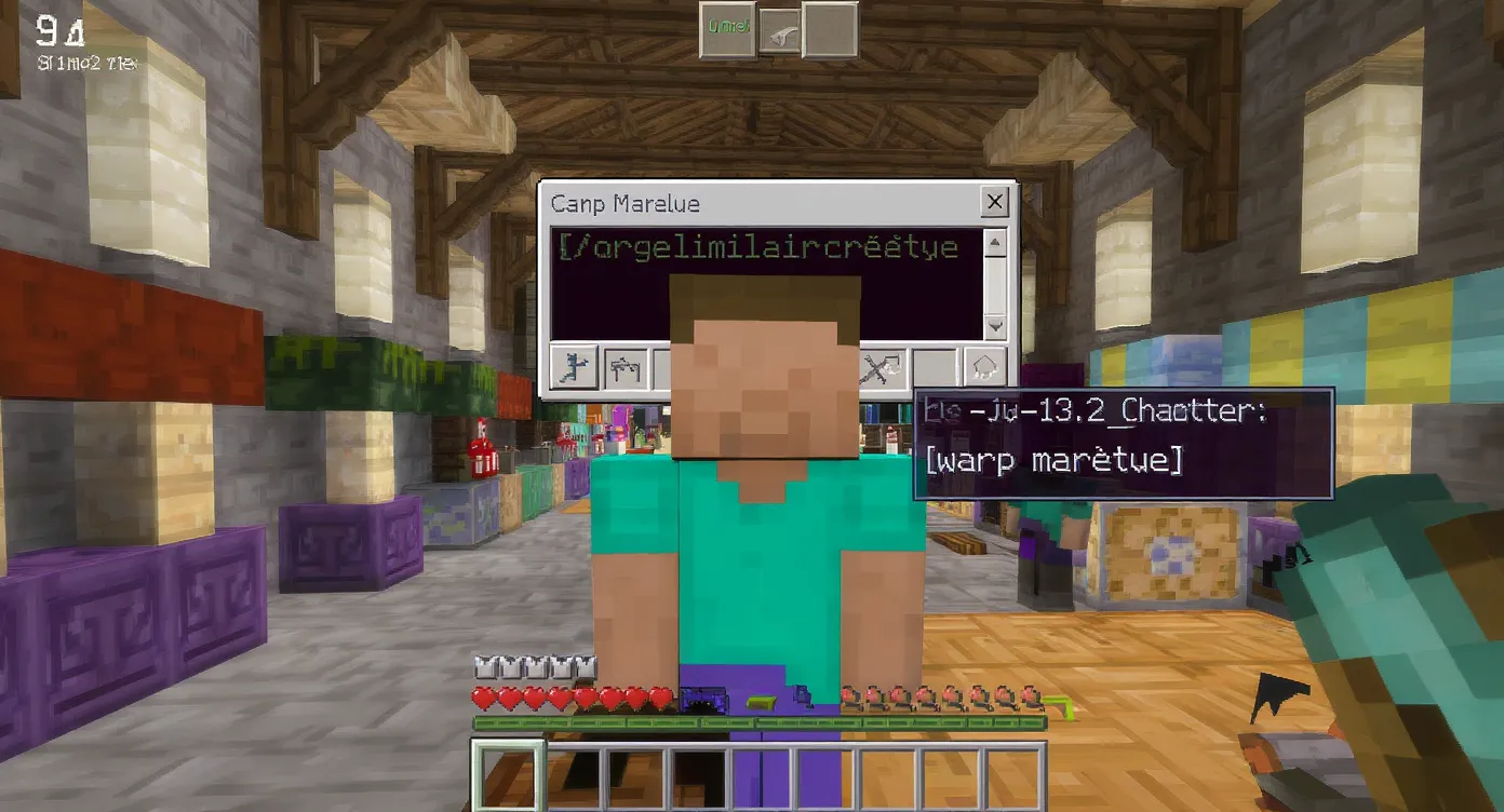 Un personnage Minecraft ouvre le chat dans un hall médiéval animé, tapant la commande "/warp marché" tandis que des PNJ et des joueurs passent devant des stands colorés.