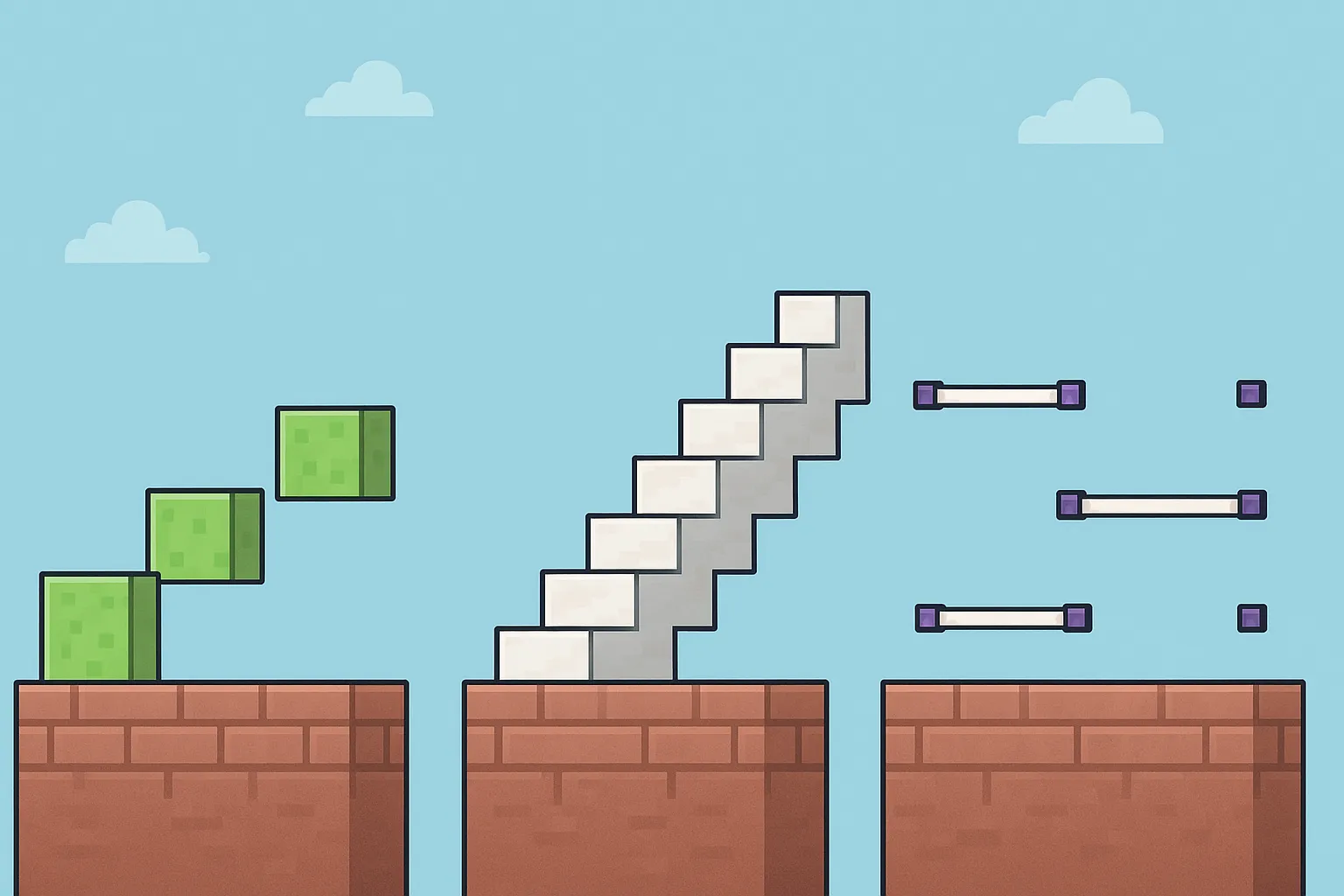 Plan en coupe d’un parcours parkour : séries de blocs slimes, escaliers en quartz et barres d’ender rods, sur fond de ciel bleu clair.