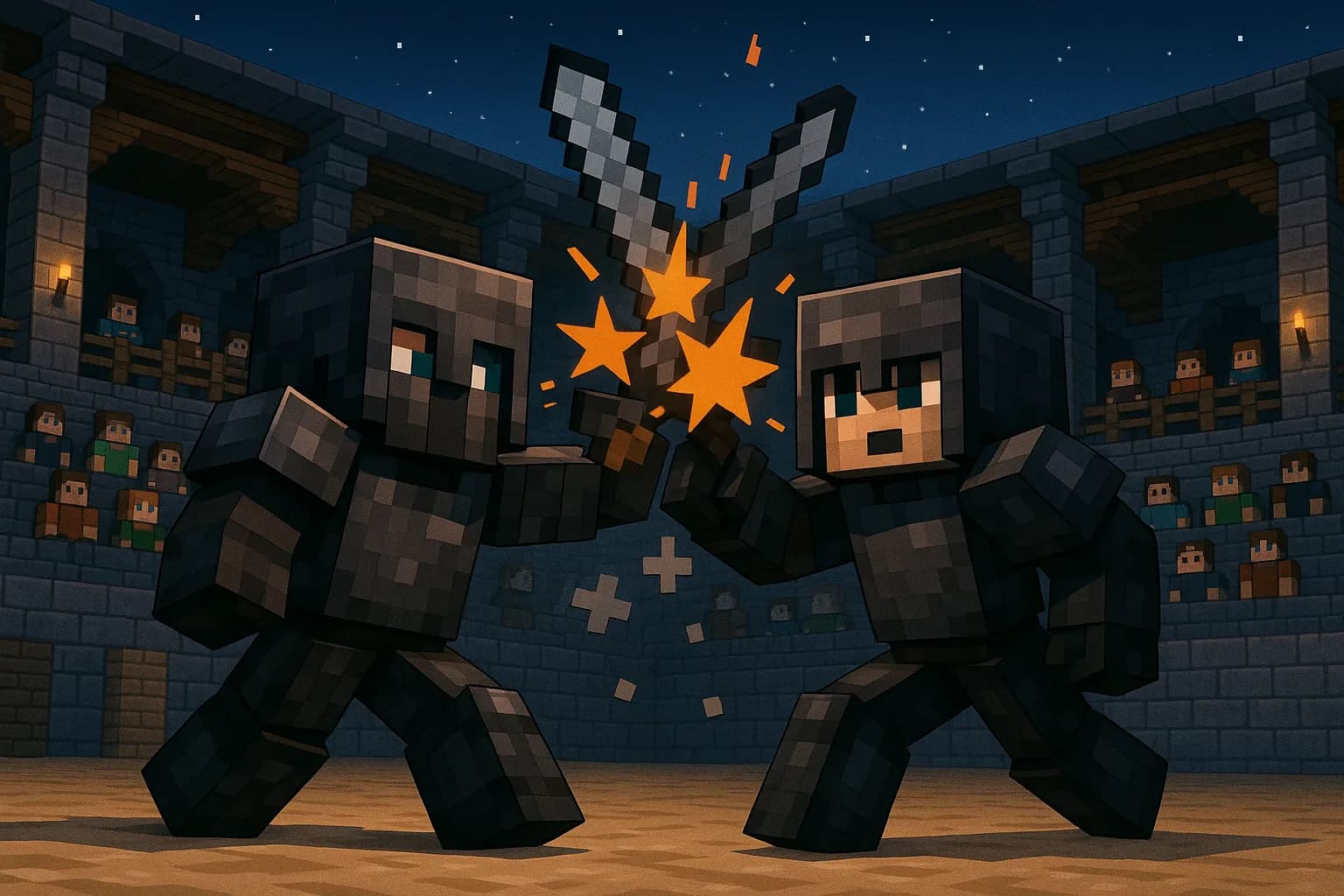 Un duel PVP intense dans une arène médiévale Minecraft, deux joueurs équipés de netherite se frappent sous un ciel étoilé, des éclats de particules de critique volent autour d’eux tandis que le public virtuel observe depuis les gradins.