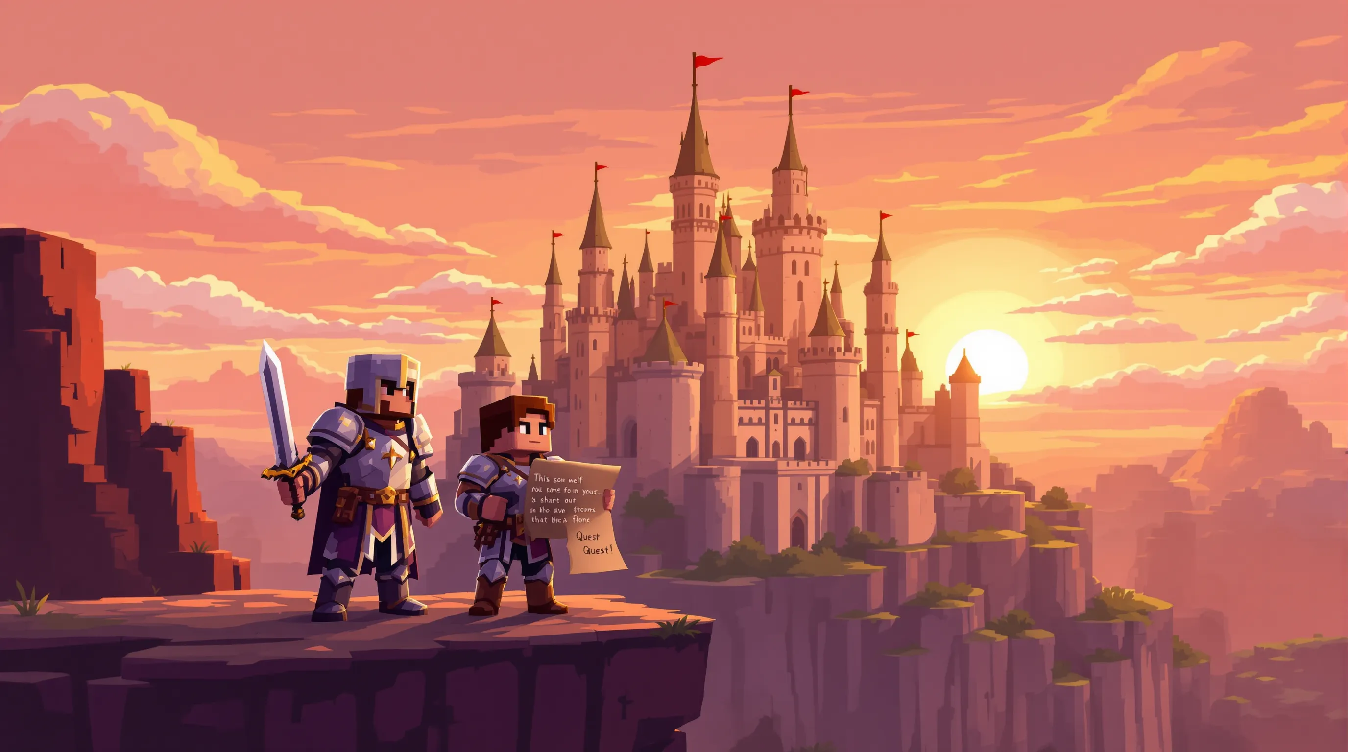 Deux aventuriers médiévaux en armure observent un château imposant au coucher du soleil, dans un style pixel art rappelant Minecraft. L’un tient une épée, l’autre un parchemin détaillant une quête.